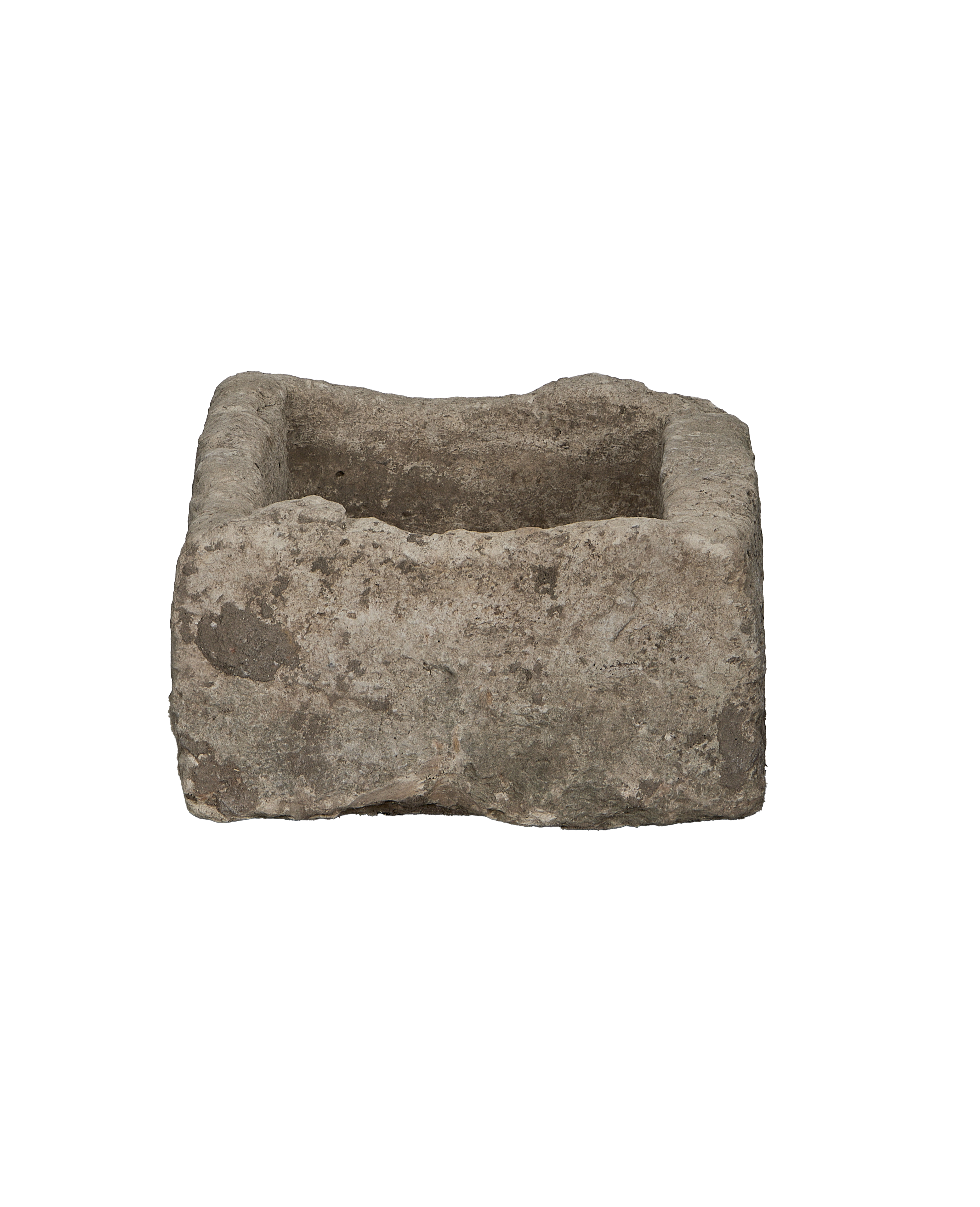 Vintage rectangular limestone trough, showing its rough, weathered texture and original condition from above.