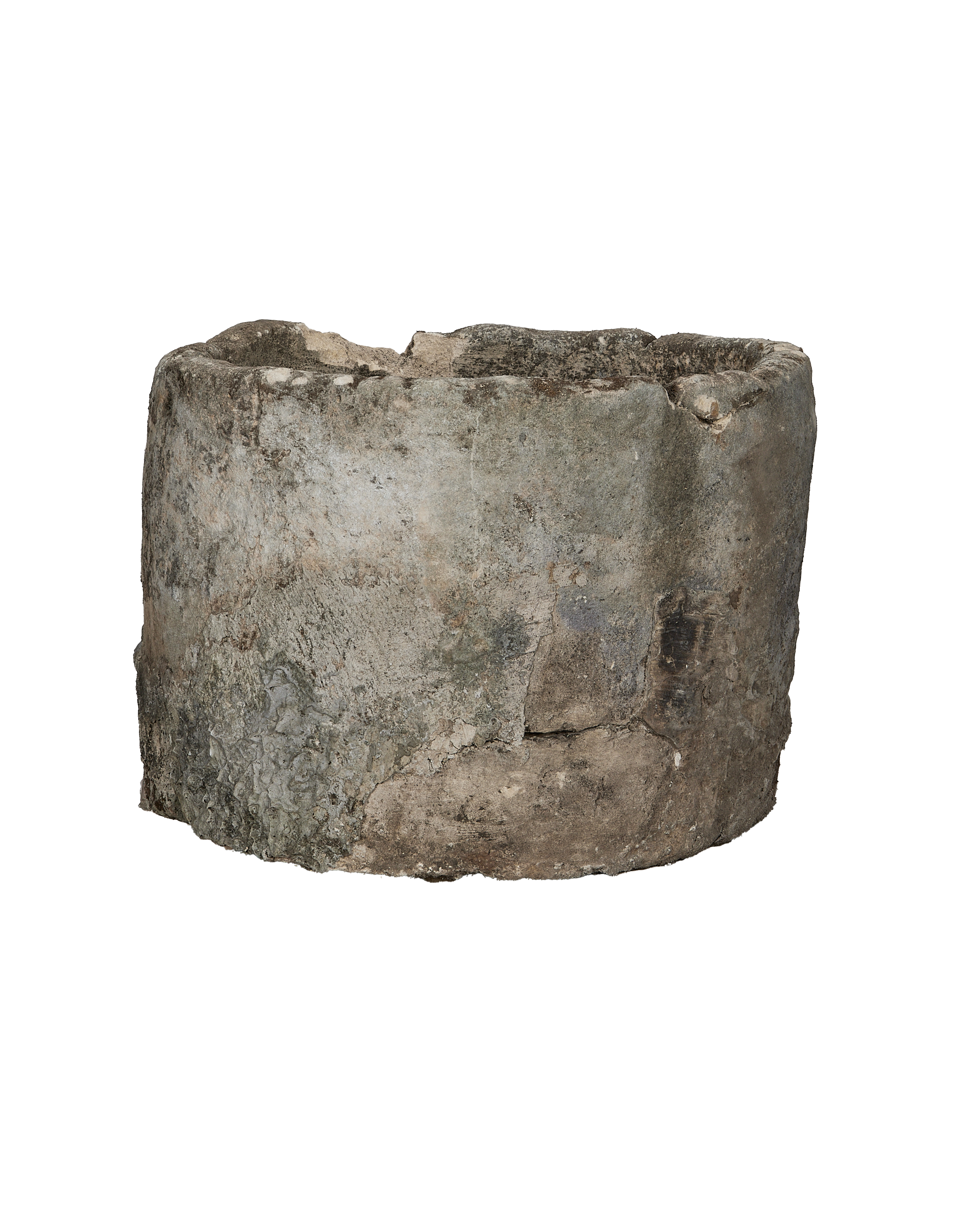 Vintage round Indonesian limestone trough, grey weathered patina, rustic condition.