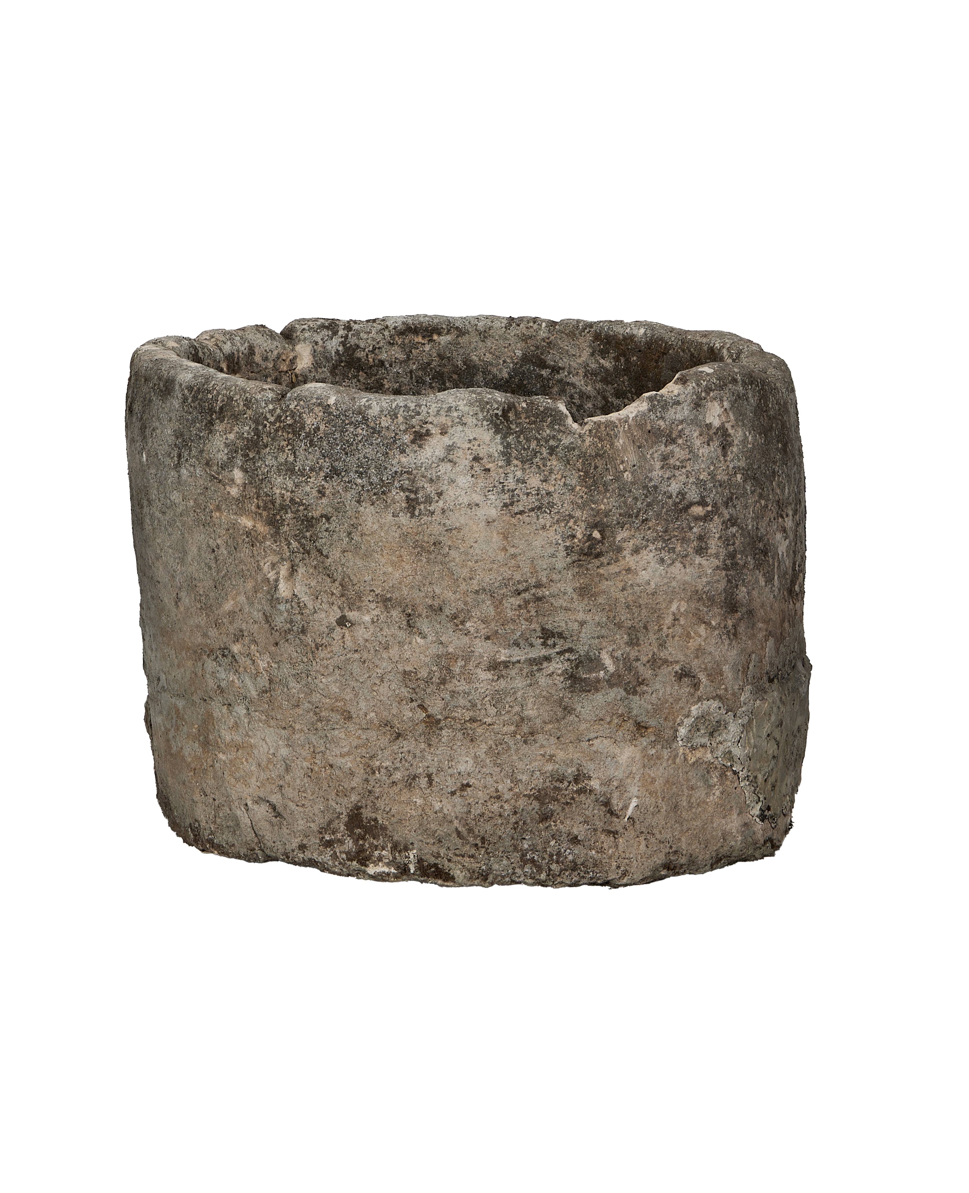 Vintage round Indonesian limestone trough, showing distressed texture and aged patina.