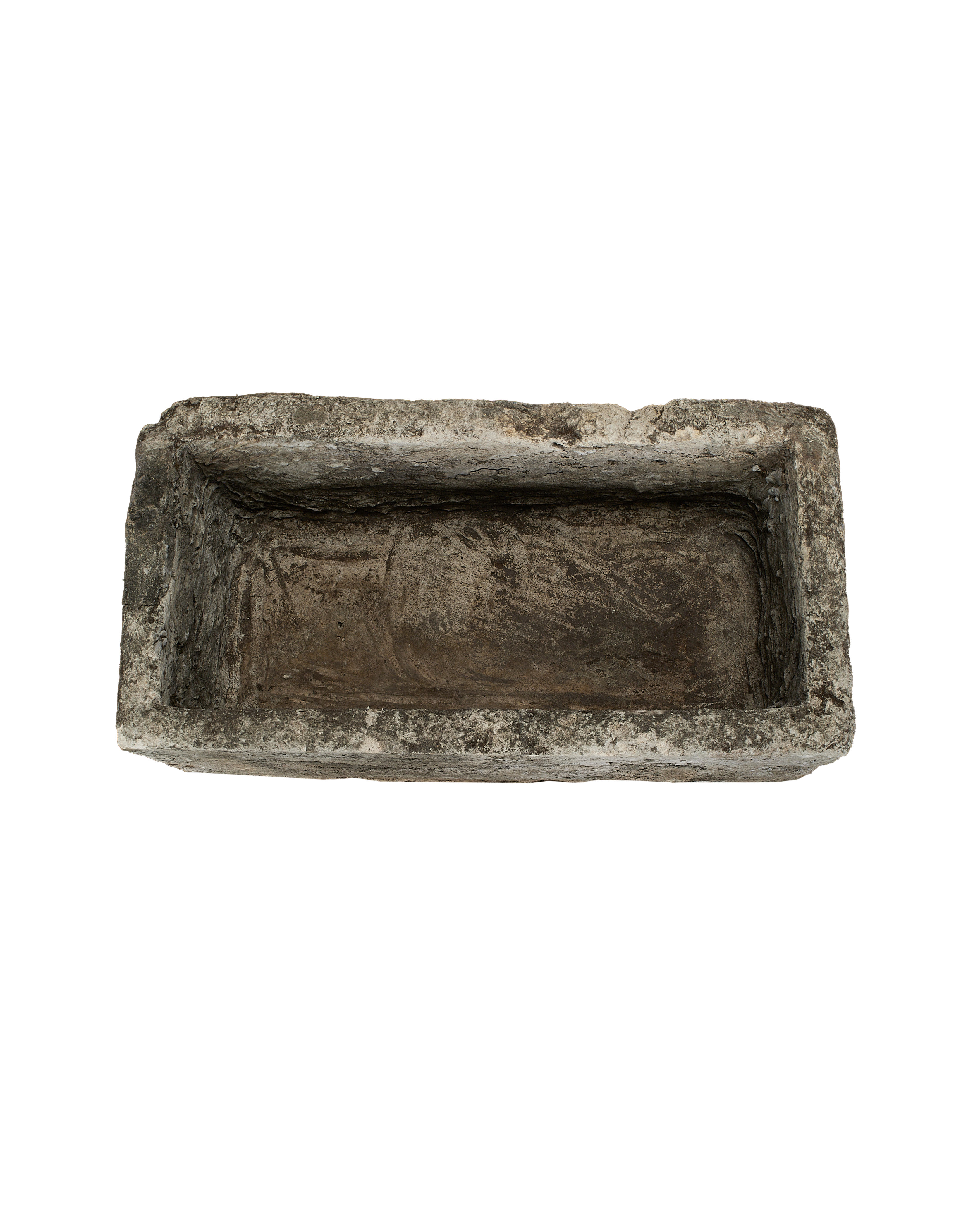 Vintage Indonesian limestone trough (OAK rectangle) with weathered texture from high angle.