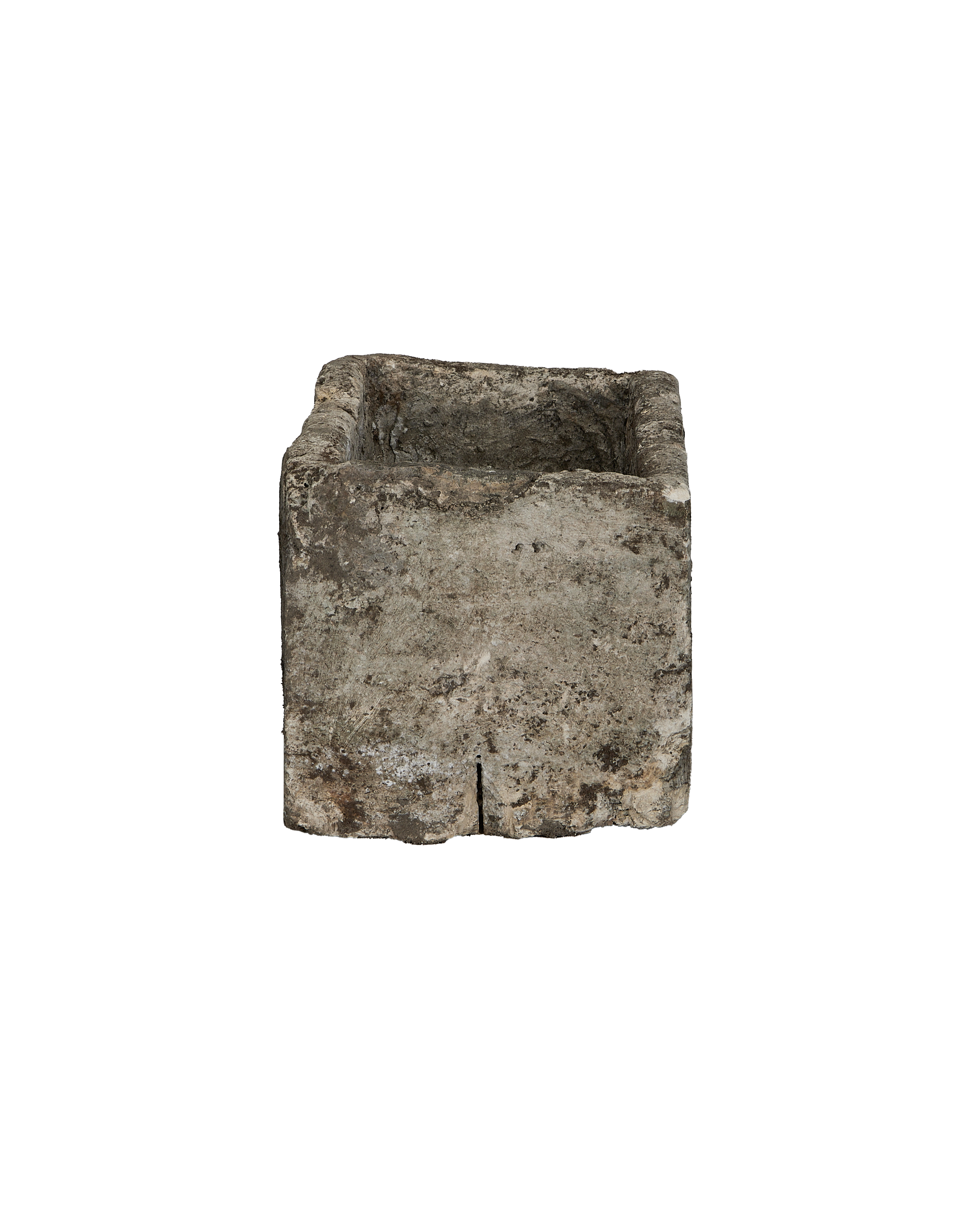 Vintage rectangular limestone trough, weathered gray, with a distinctive vertical fissure on its front face.