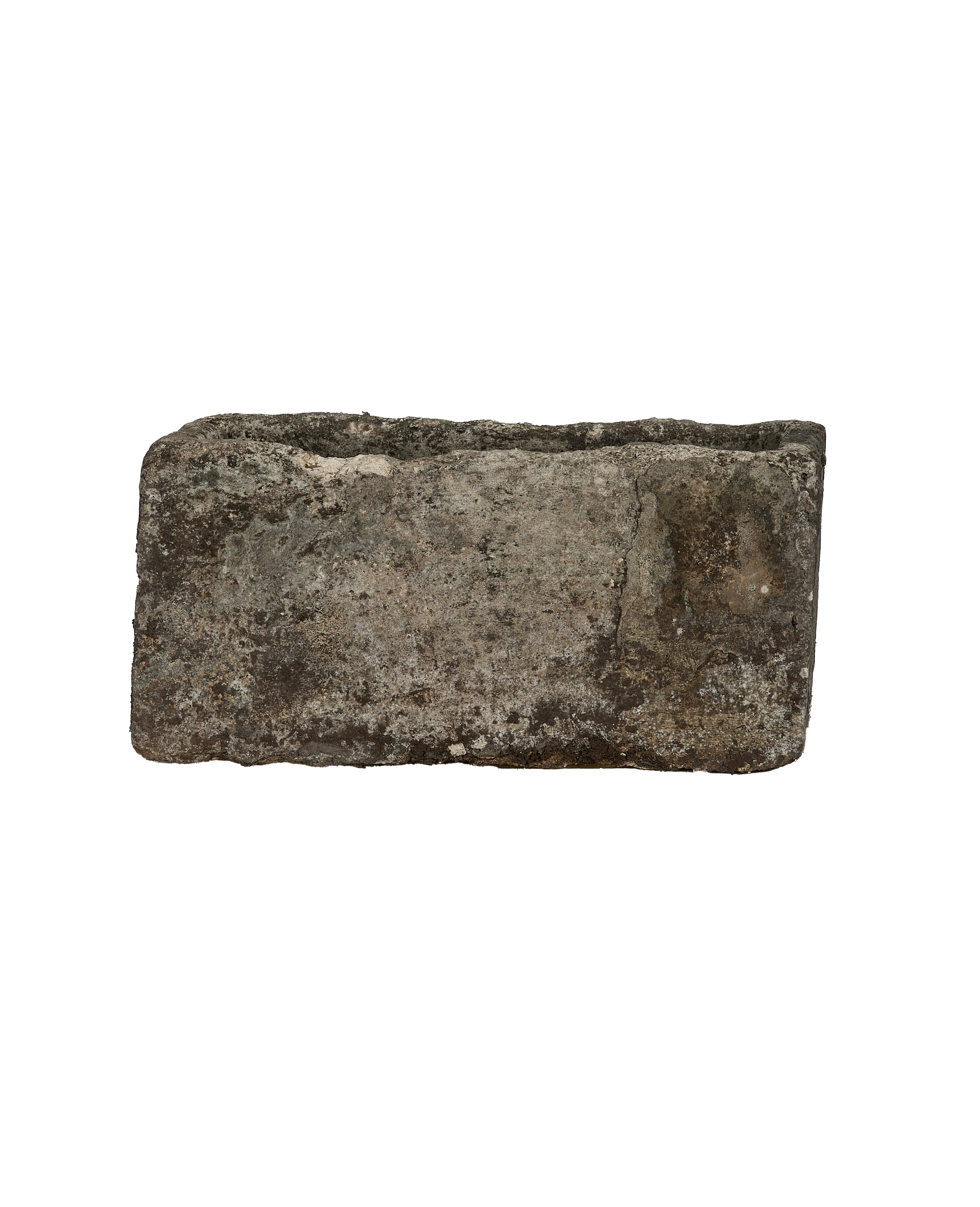 Vintage Indonesian rectangular limestone trough, raw textured surface, full frontal view, antique patina.