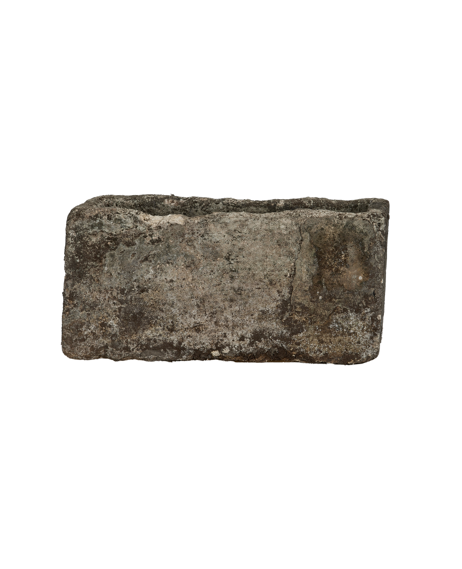 Vintage Indonesian rectangular limestone trough, raw textured surface, full frontal view, antique patina.