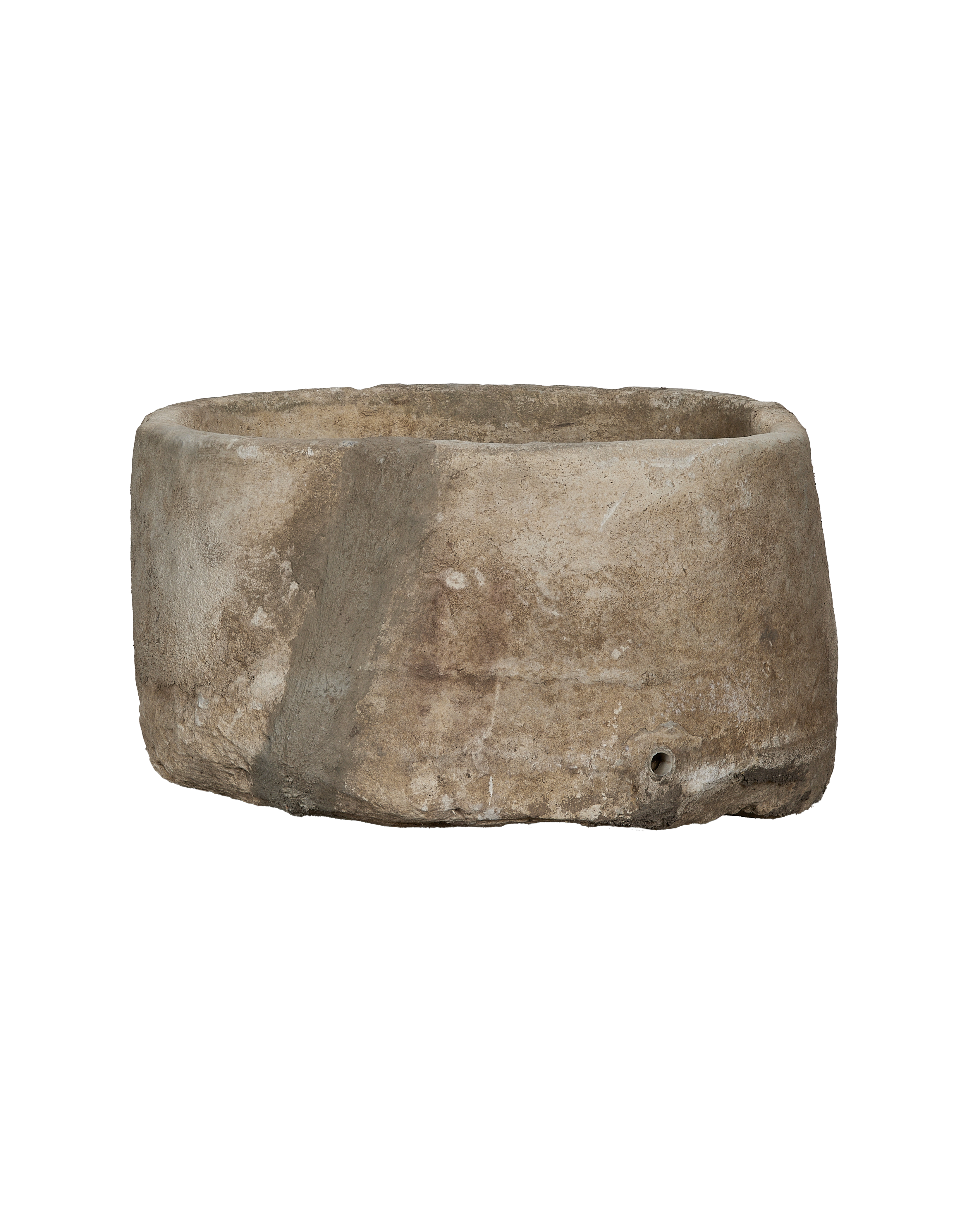 Vintage Indonesian round limestone trough, rough natural texture, drainage hole, rustic weathered look.