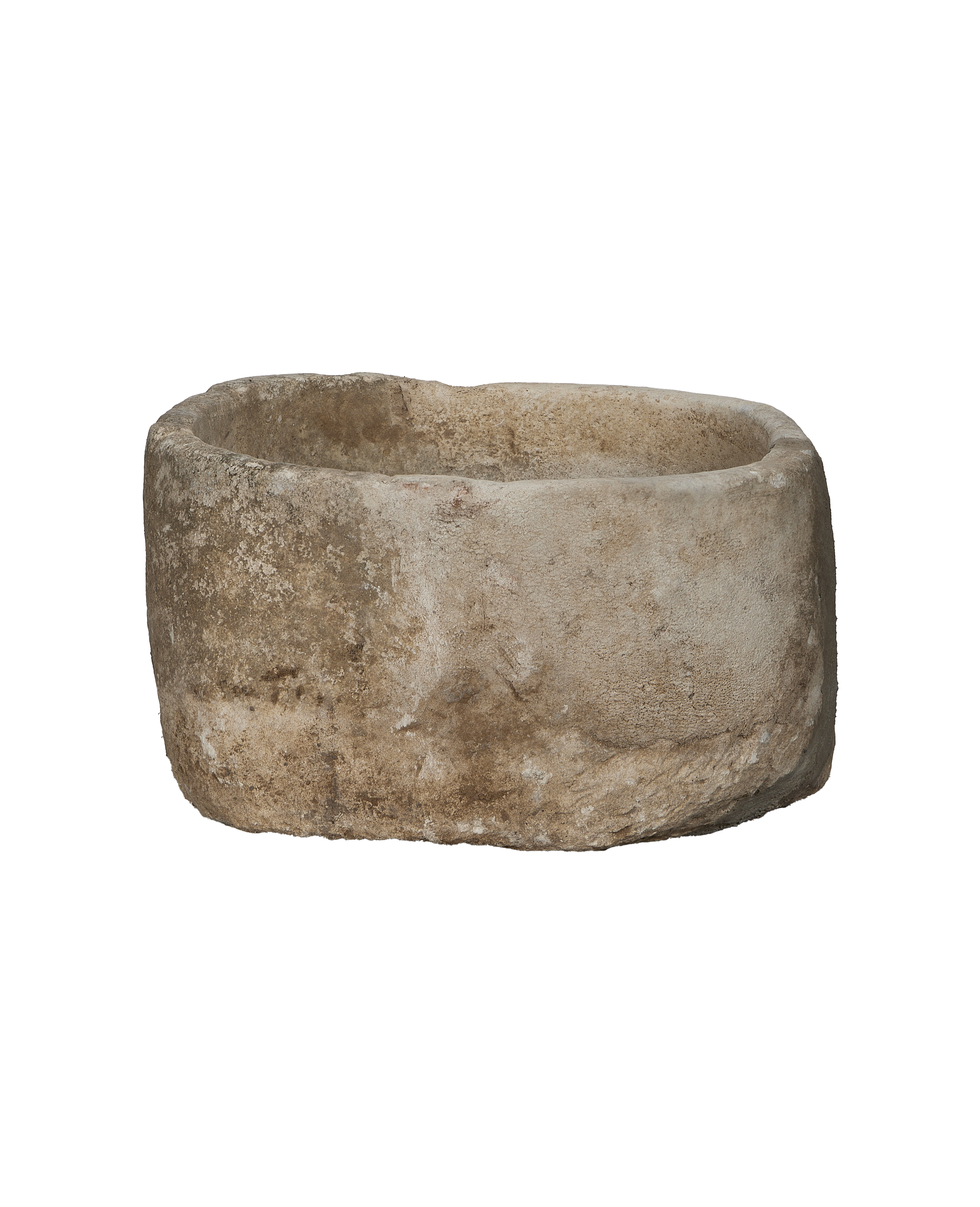 Vintage Indonesian limestone trough, round, showing detailed weathered texture and natural imperfections.