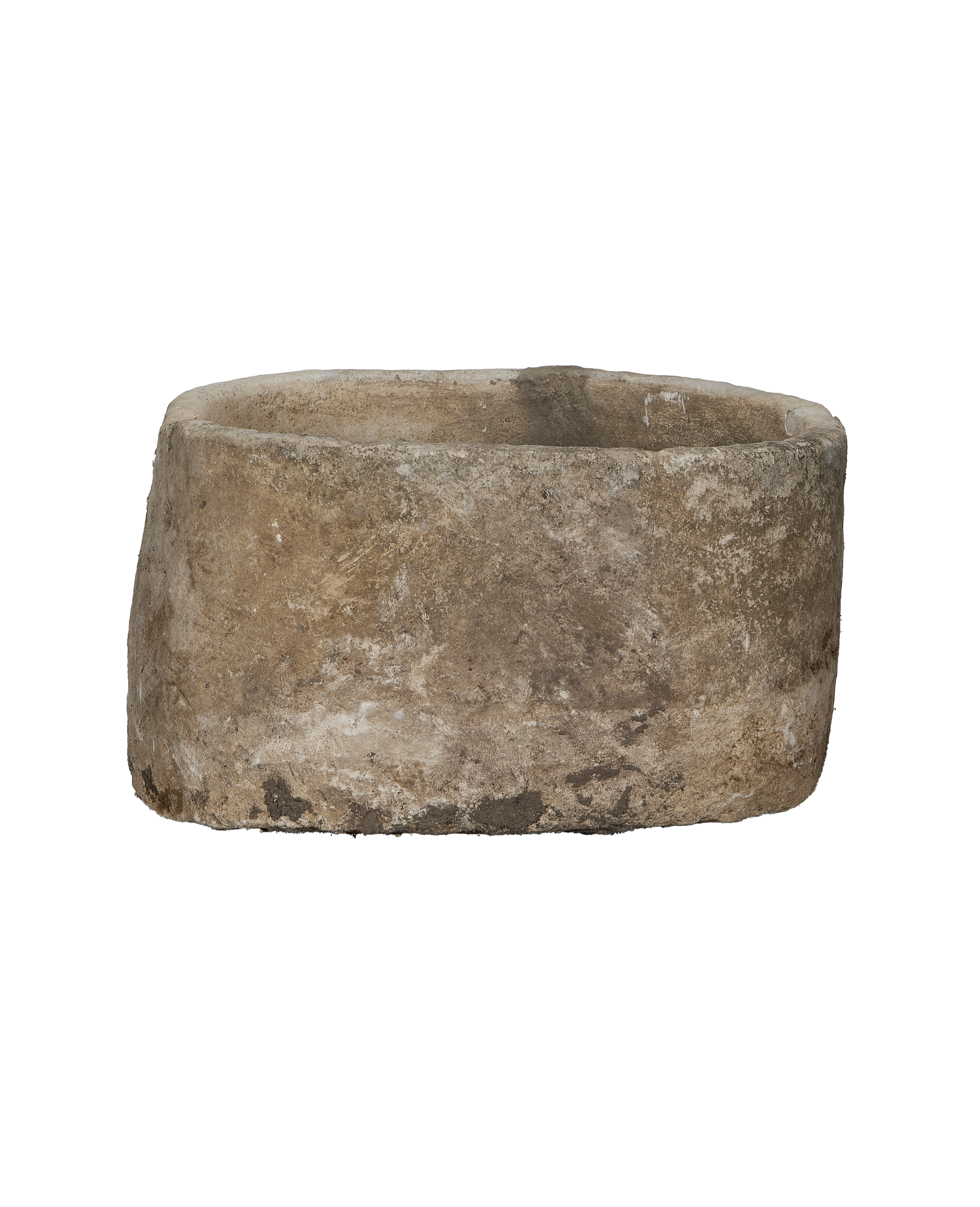 Vintage round limestone trough, showing weathered texture and earthy patina, from Indonesia.