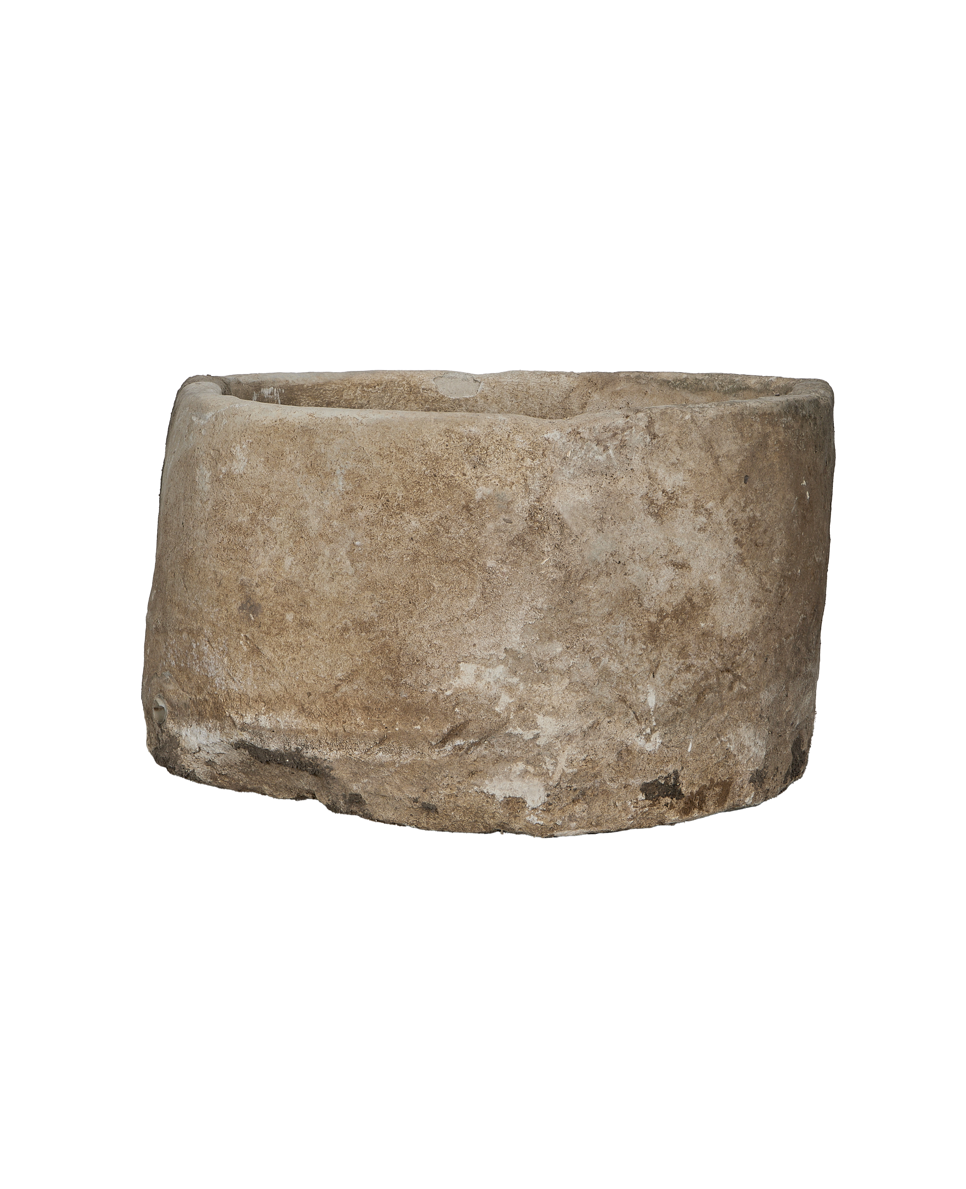 Vintage Indonesian round limestone trough, full-side view exposing distressed aged oak-like texture.