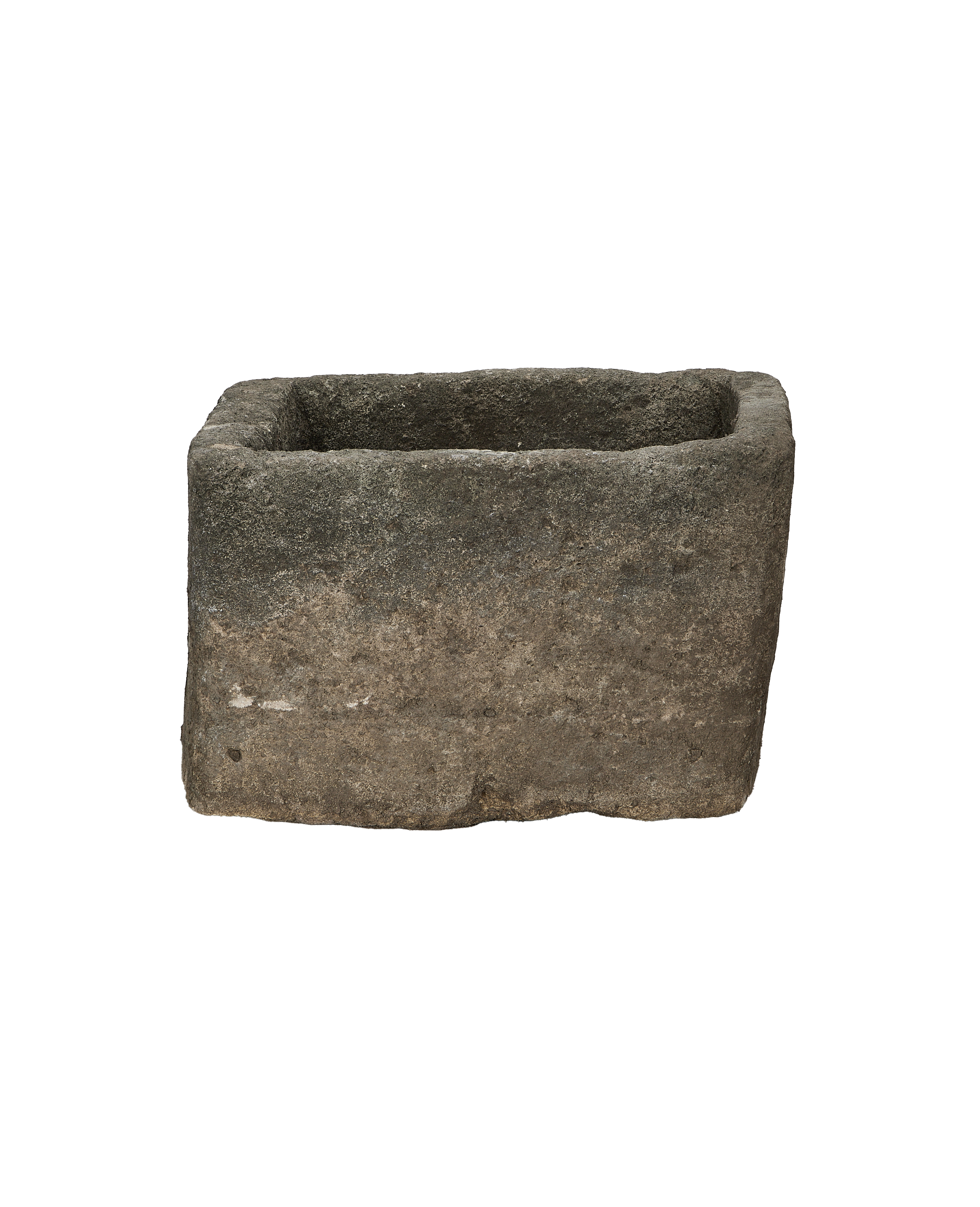 Vintage square limestone trough from Indonesia with rugged, weathered texture.