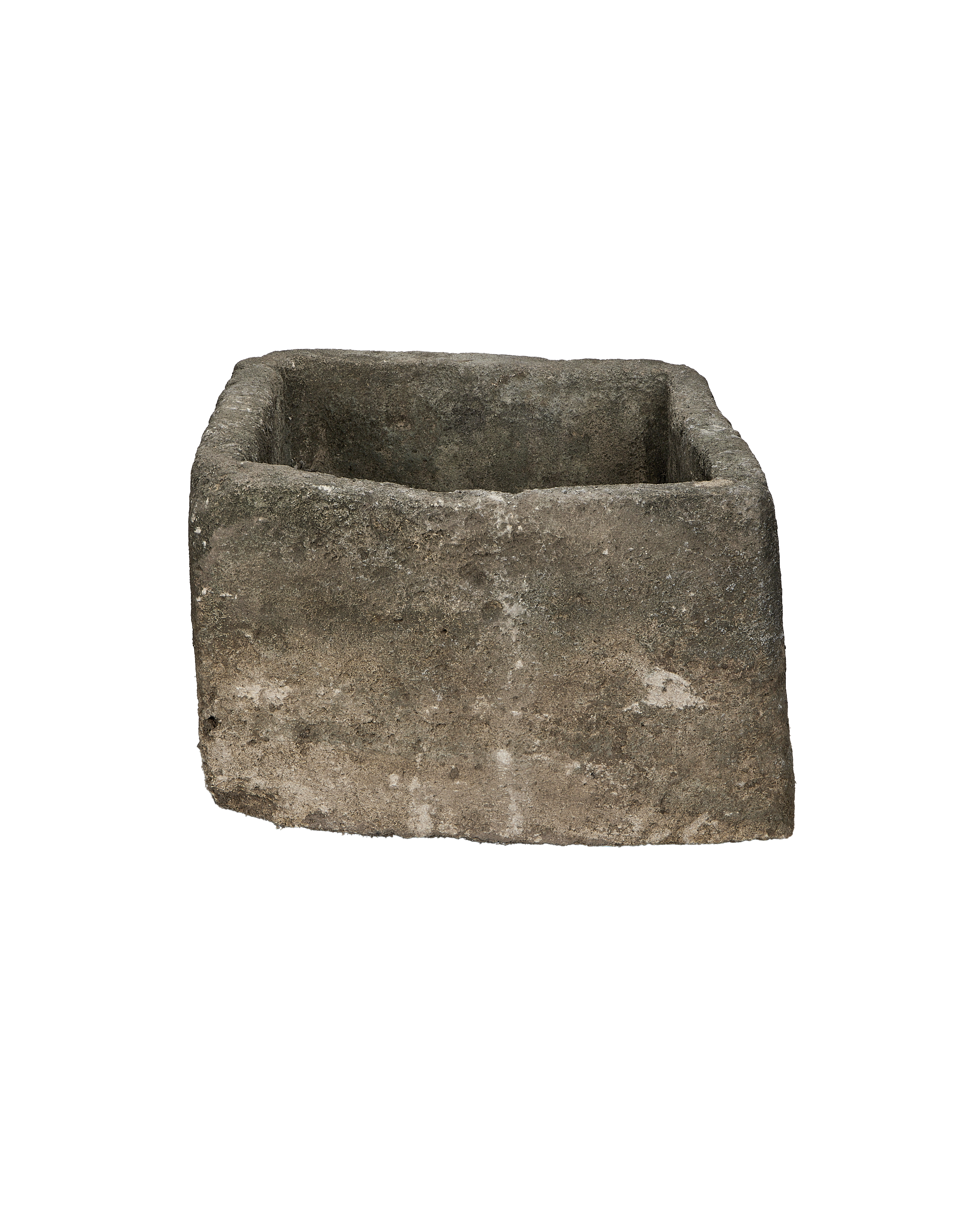Vintage Indonesian square limestone trough, weathered gray, showcasing rough texture and deep interior.