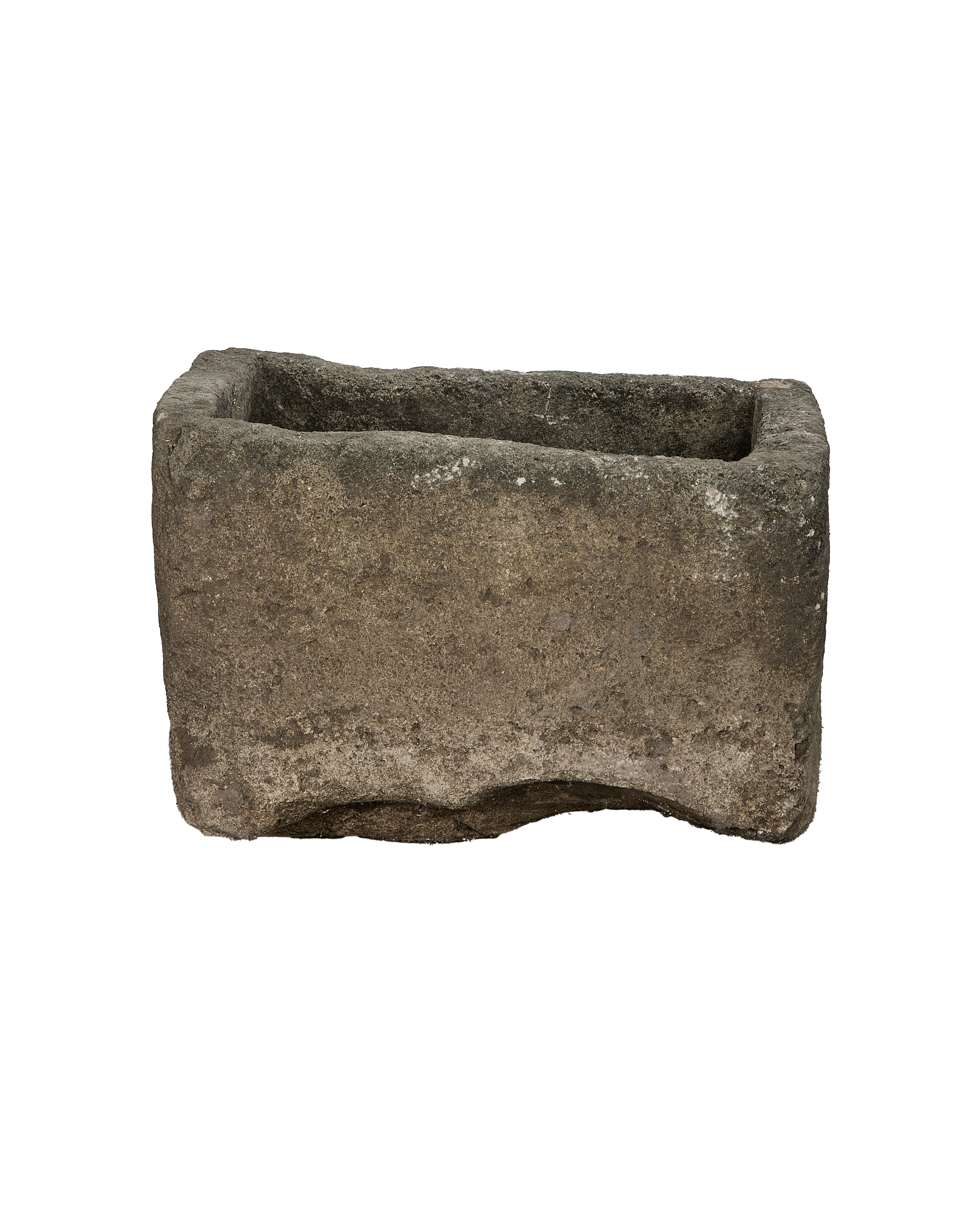 Vintage Indonesian limestone trough, square, with textured unrefined edges and natural weathering.