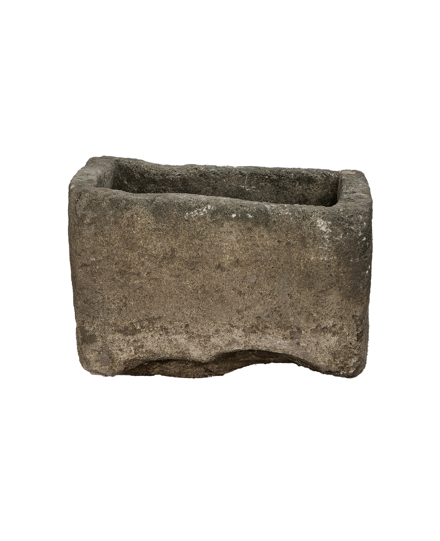 Vintage Indonesian limestone trough, square, with textured unrefined edges and natural weathering.