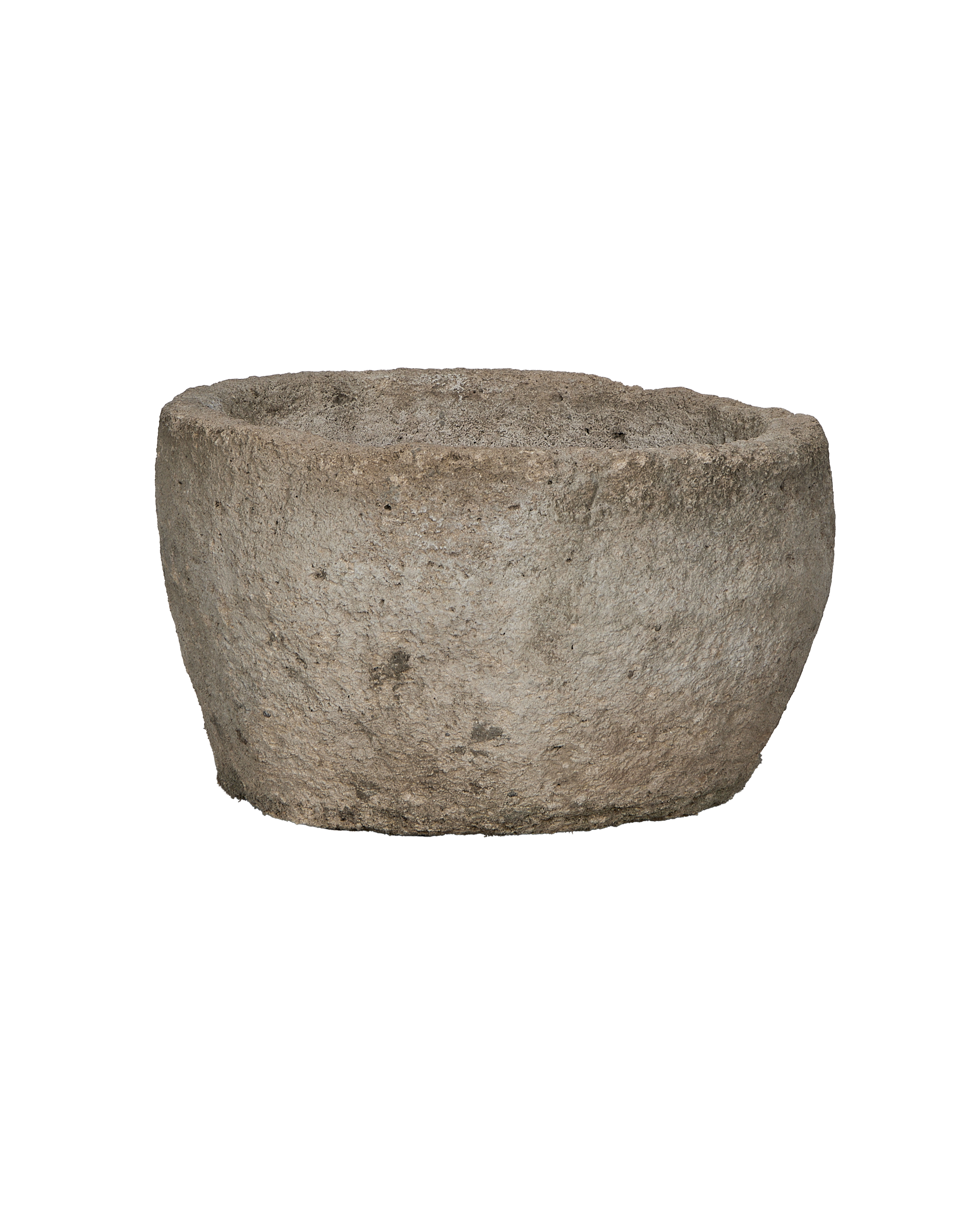 Vintage round limestone trough, OAK from Indonesia, with weathered, textured surface.