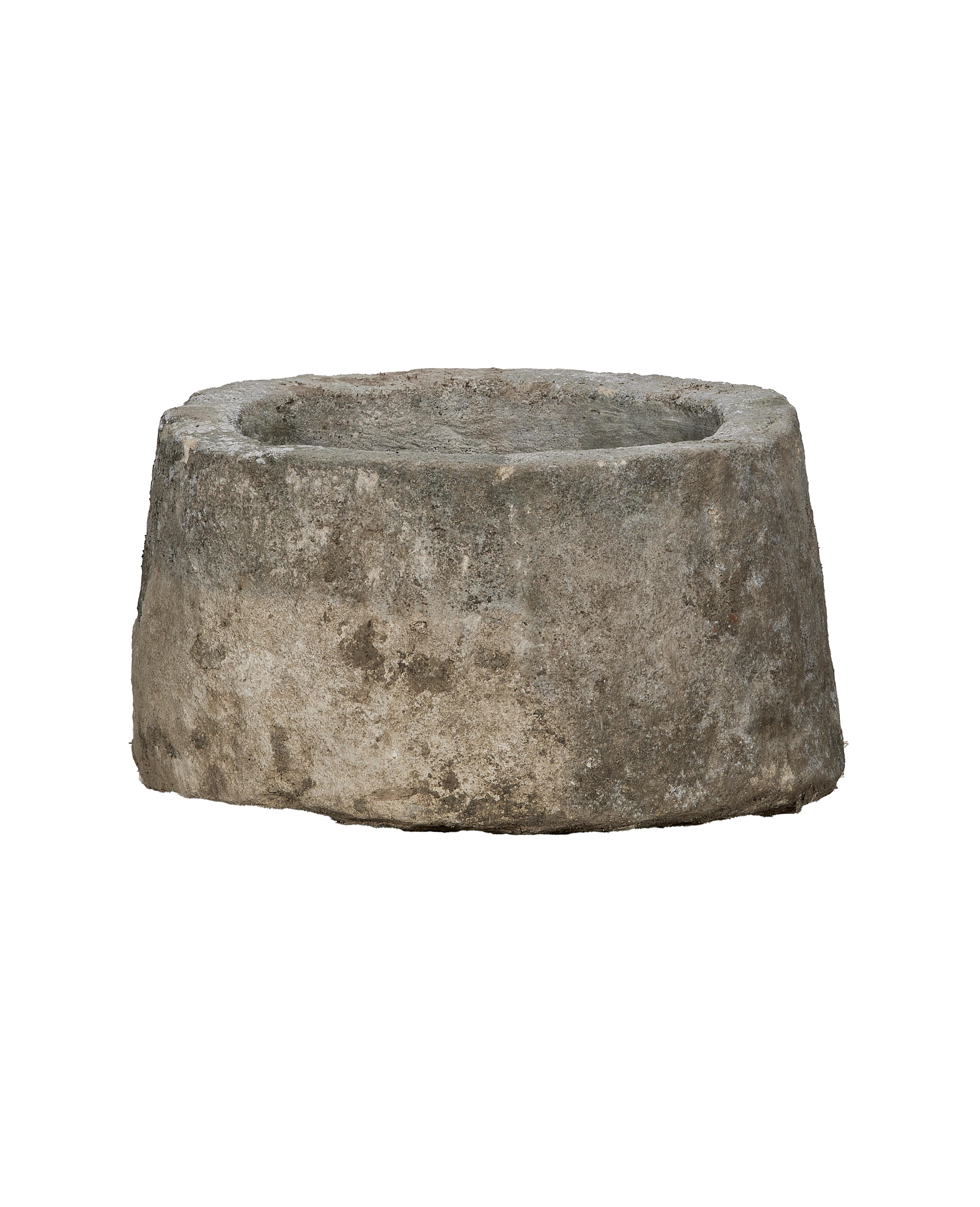Vintage Indonesian round limestone trough, naturally weathered, showcasing rustic texture and age.