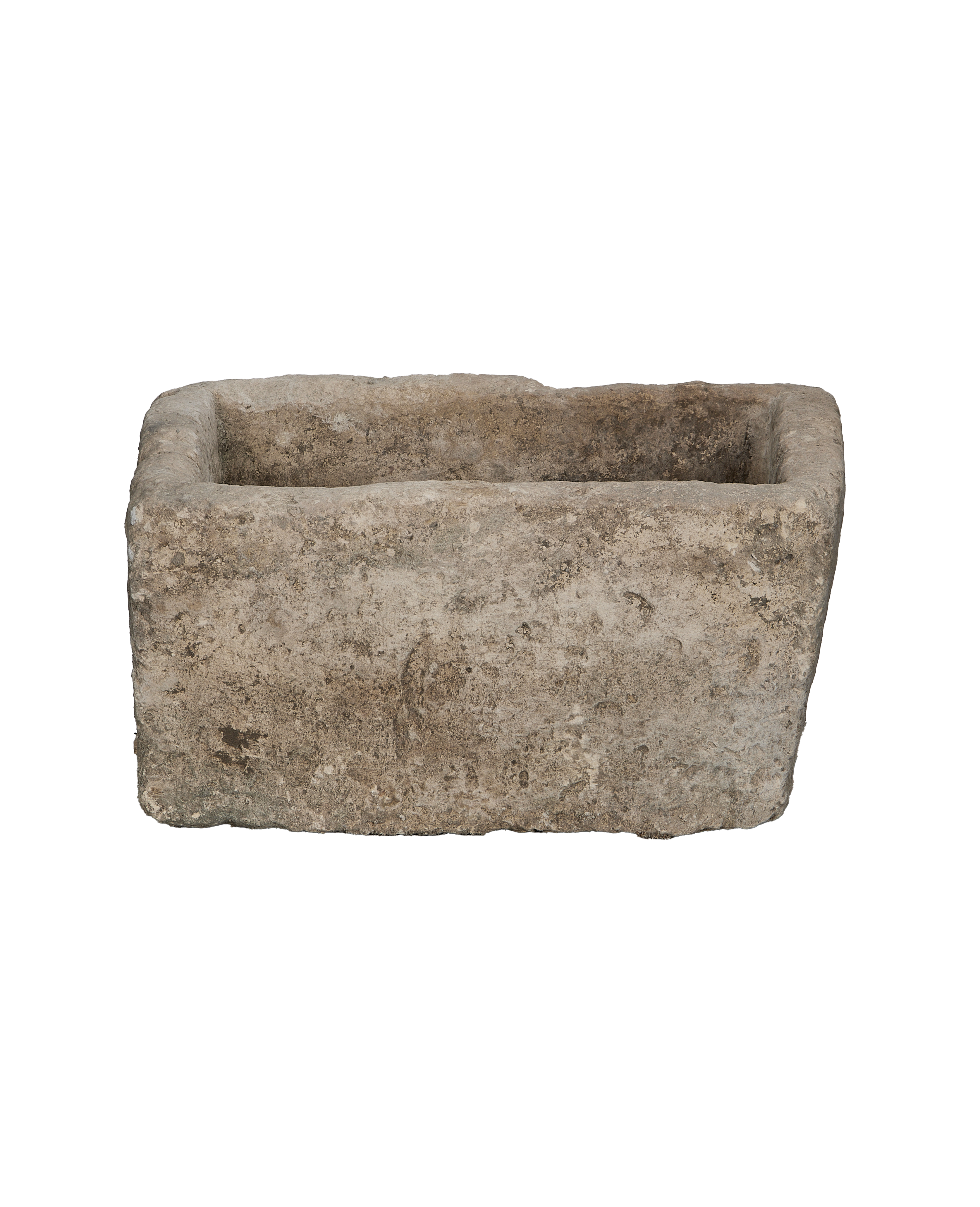 Vintage rectangular limestone trough, weathered gray, for garden or home decor, from Indonesia.