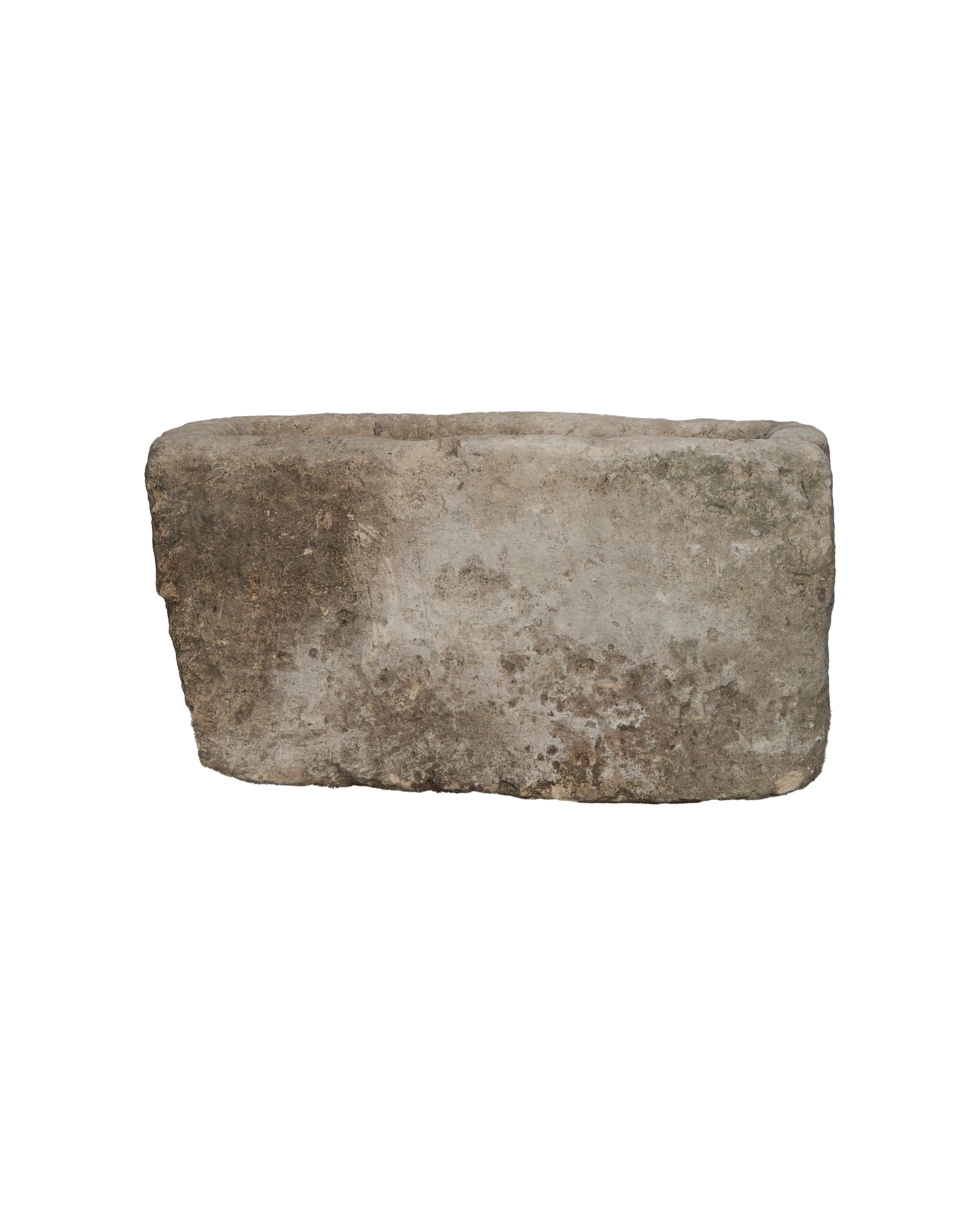 Vintage Indonesian rectangular limestone trough showing texture, condition, and full side view.