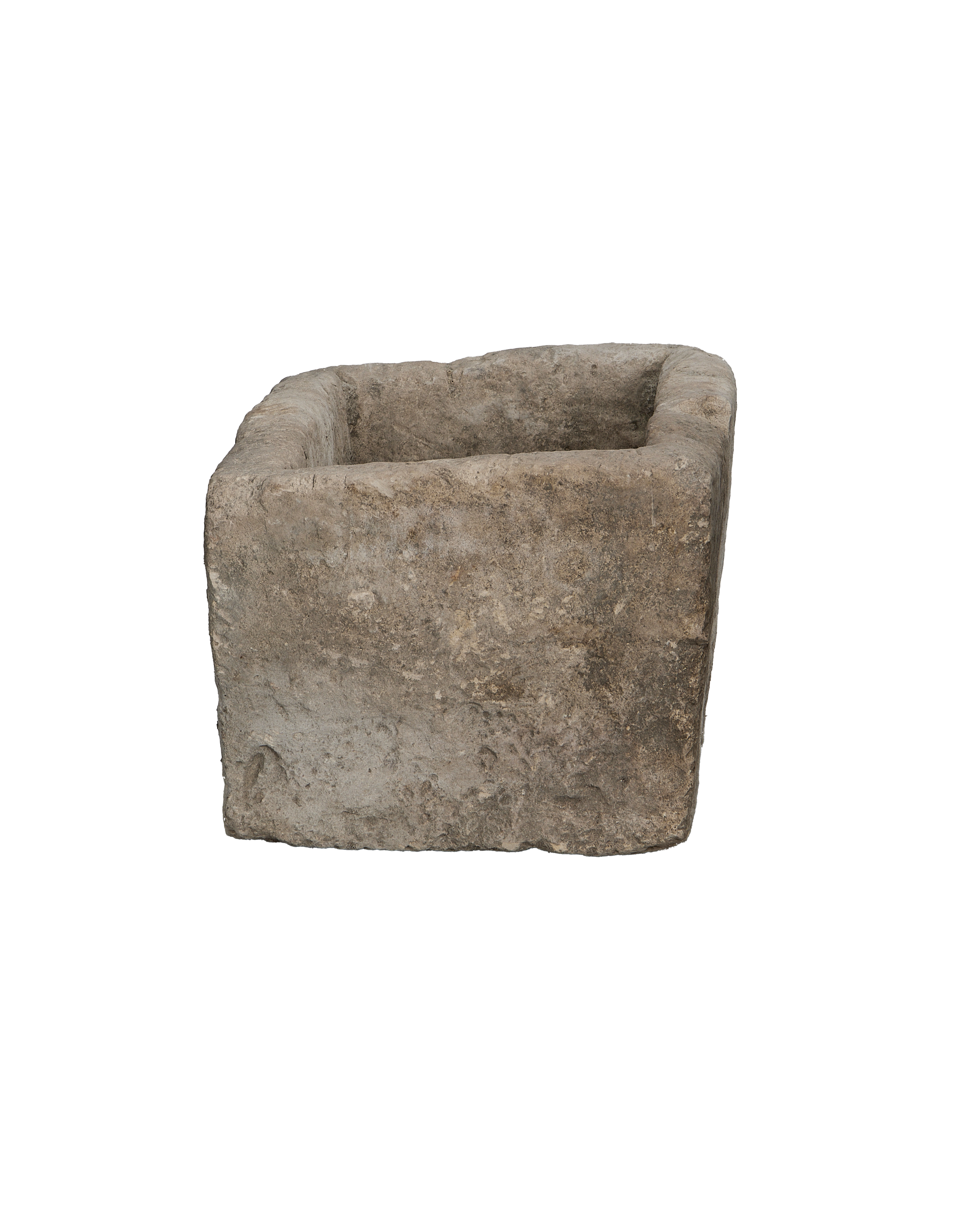 Vintage Indonesian grey limestone trough, rectangle, showcasing textured sides and rough-hewn top edge.