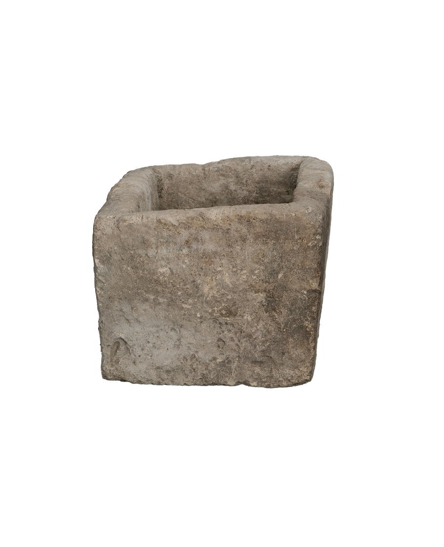 Vintage Indonesian grey limestone trough, rectangle, showcasing textured sides and rough-hewn top edge.