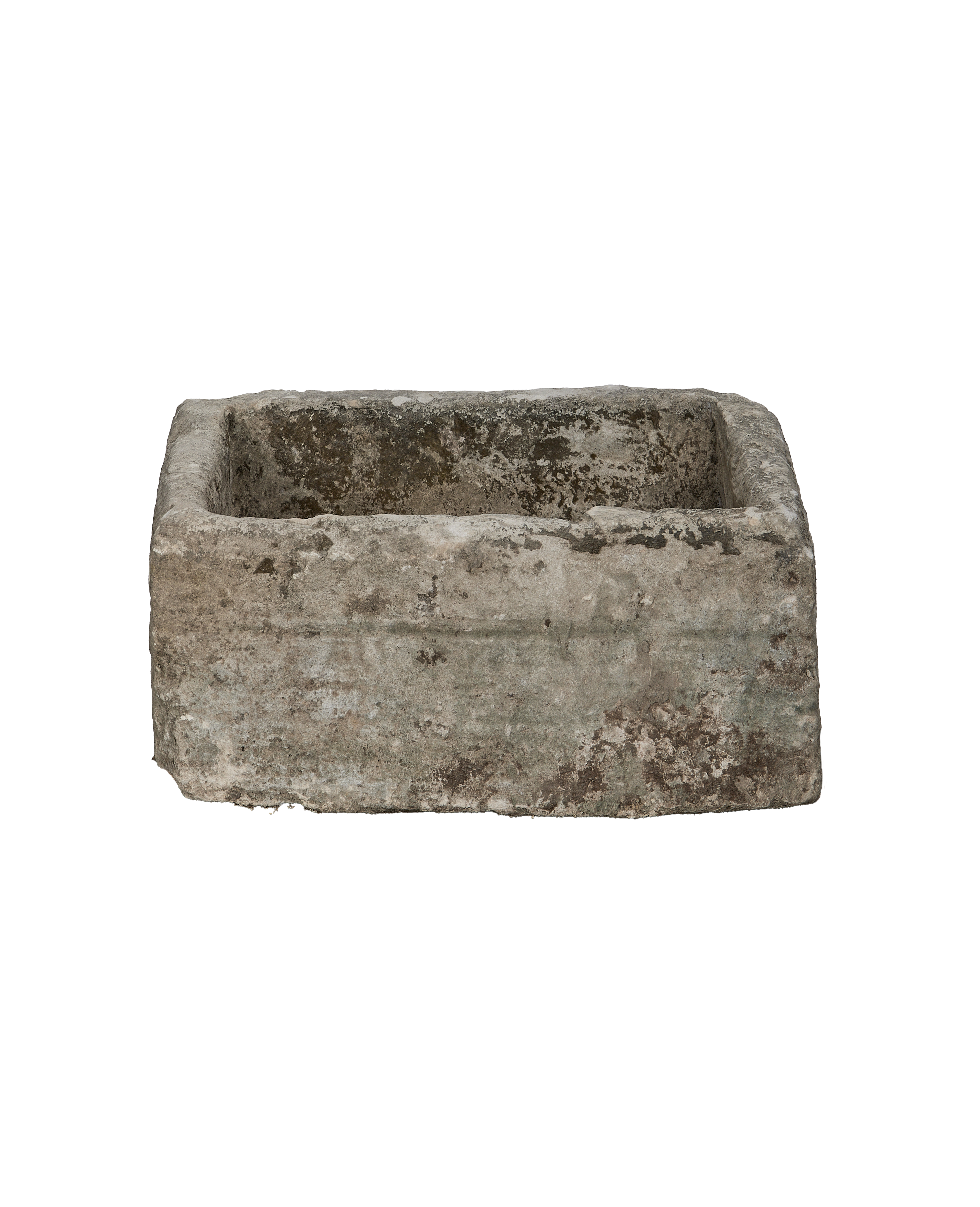 Vintage Indonesian rectangular limestone trough, weathered gray texture, front view.