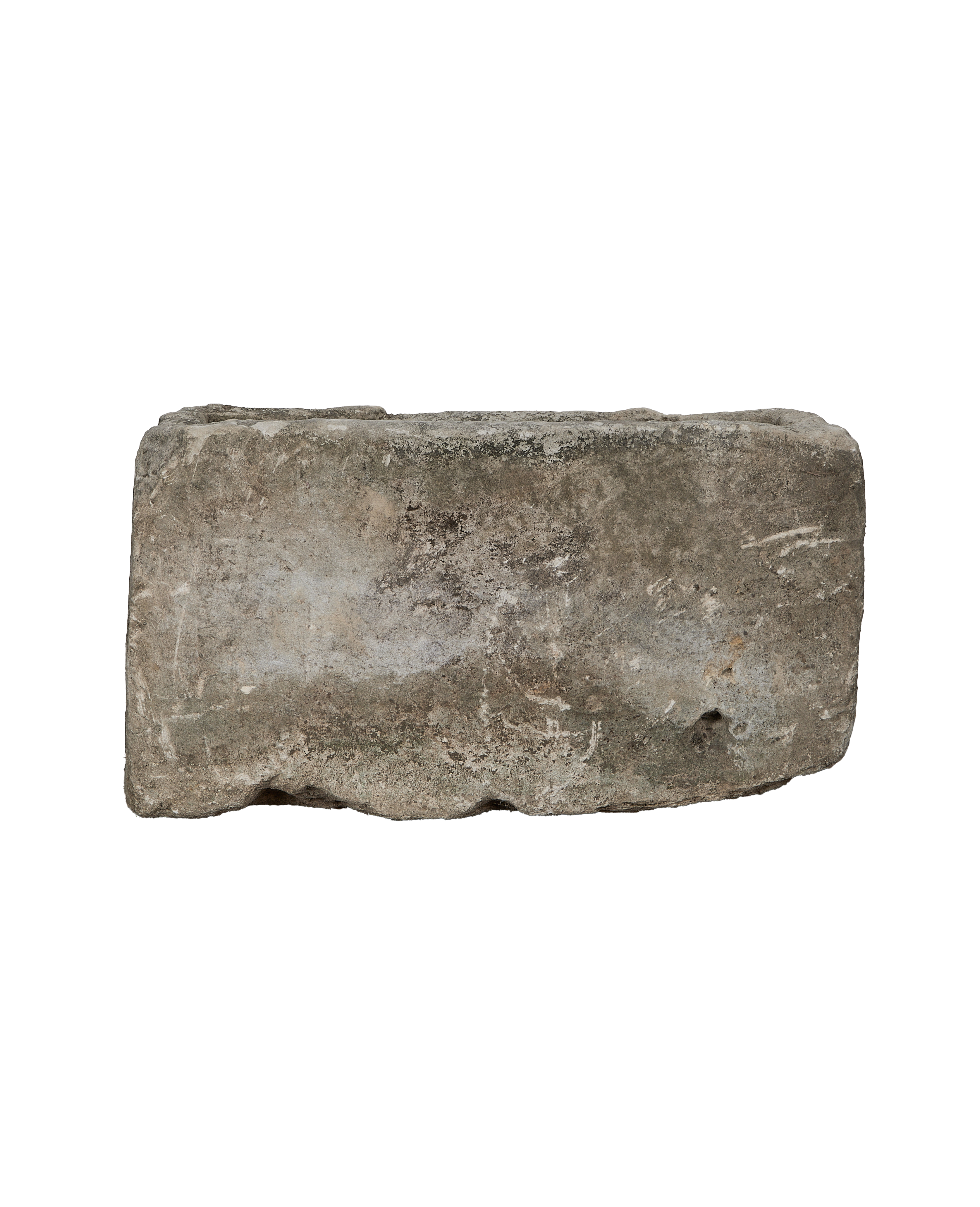 Vintage rectangular limestone trough, showing a side angle with natural pitting and weathered texture.