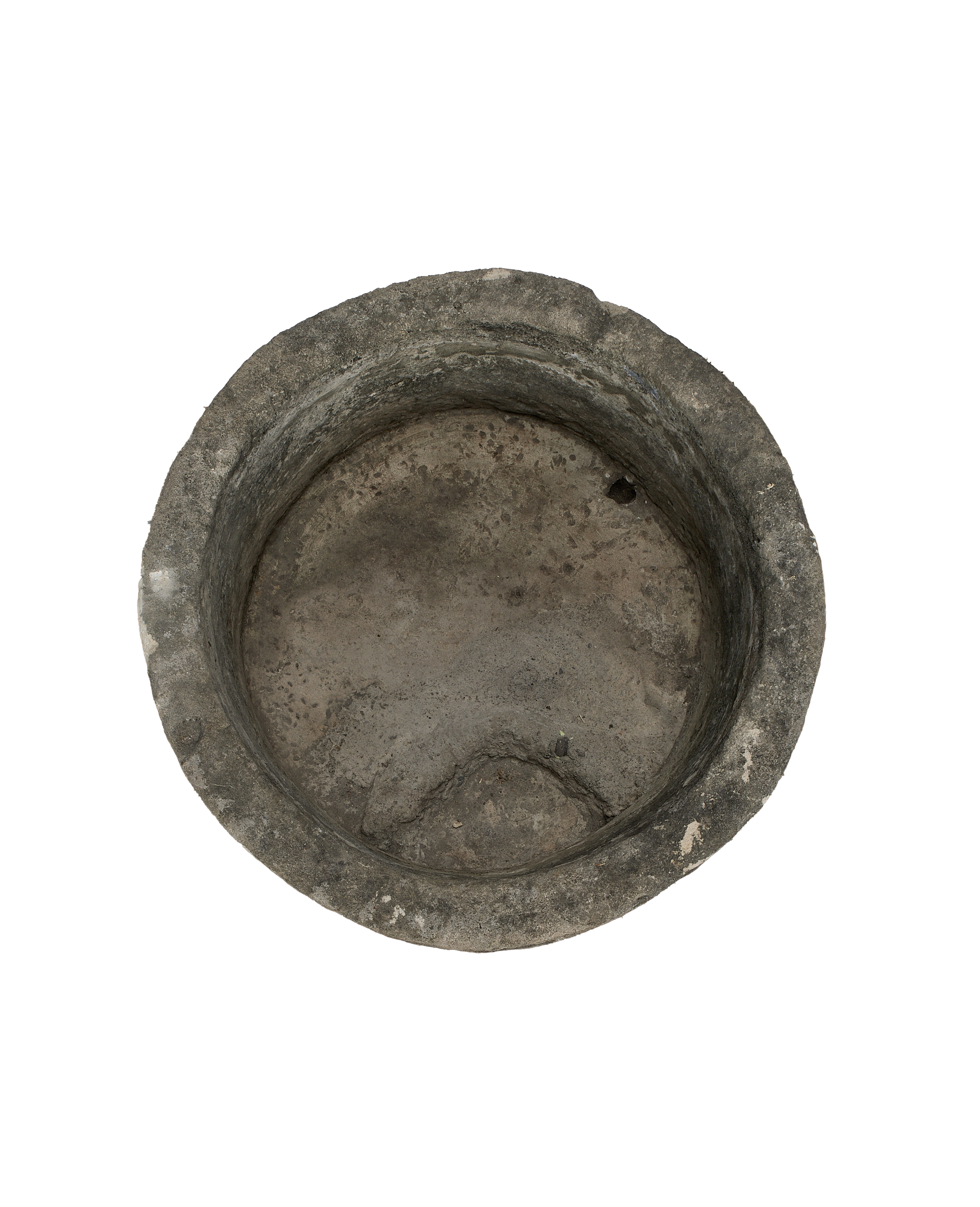 Vintage round limestone trough, Indonesia origin, showing textured interior details.