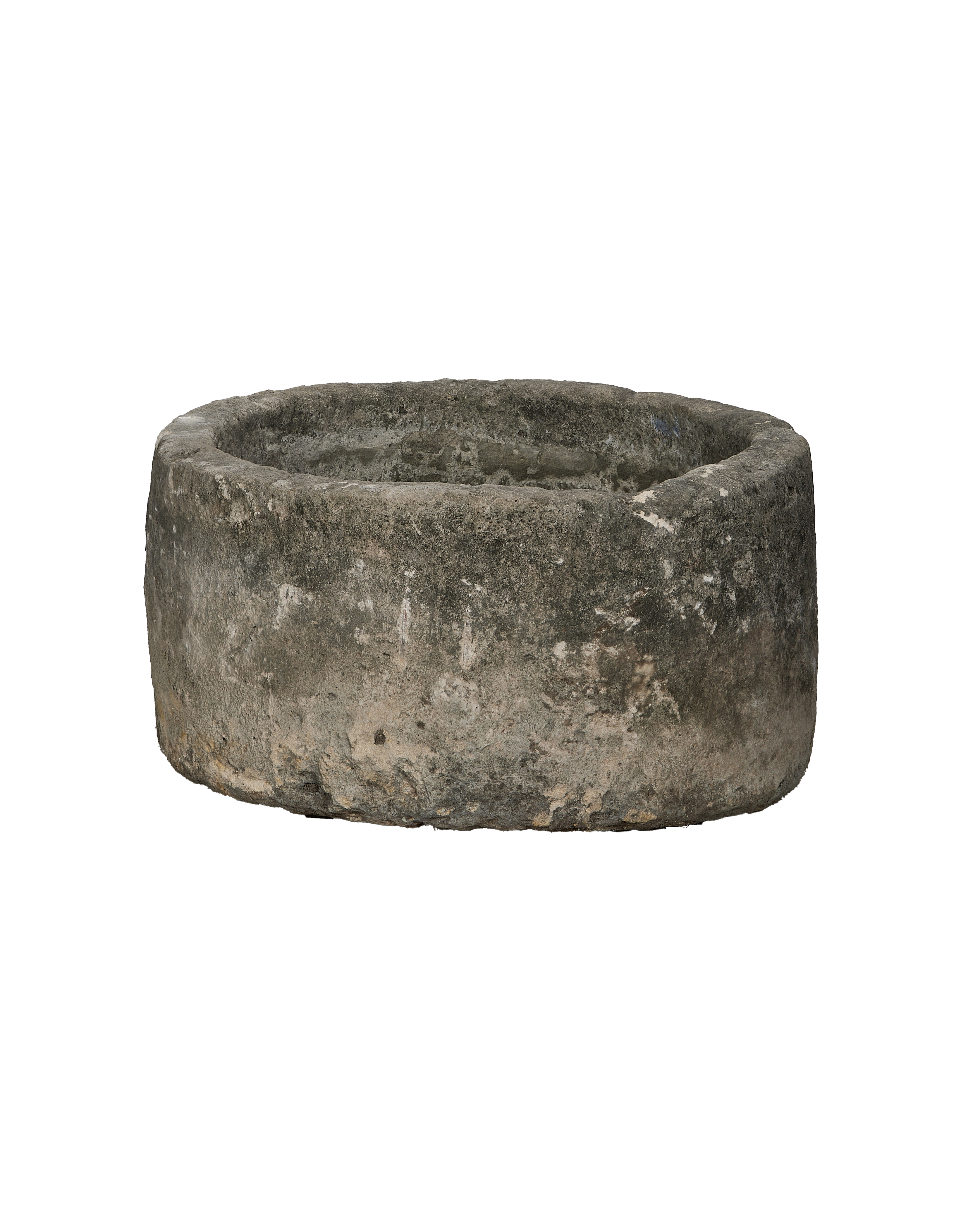 Vintage round Indonesian limestone trough, OAK finish, with weathered, textured surface.