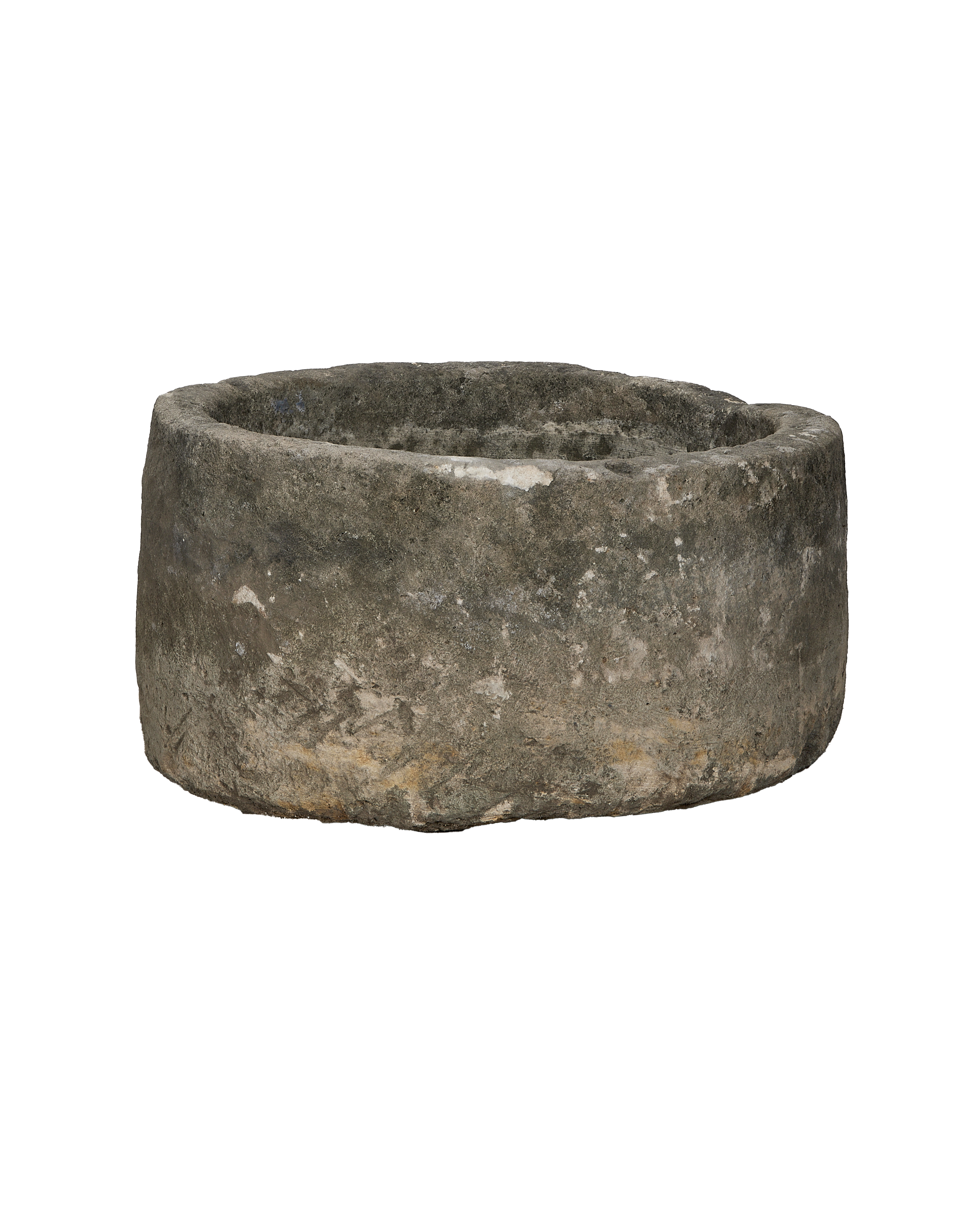 Vintage Indonesian round limestone planter, showcasing its weathered, rustic texture and depth.