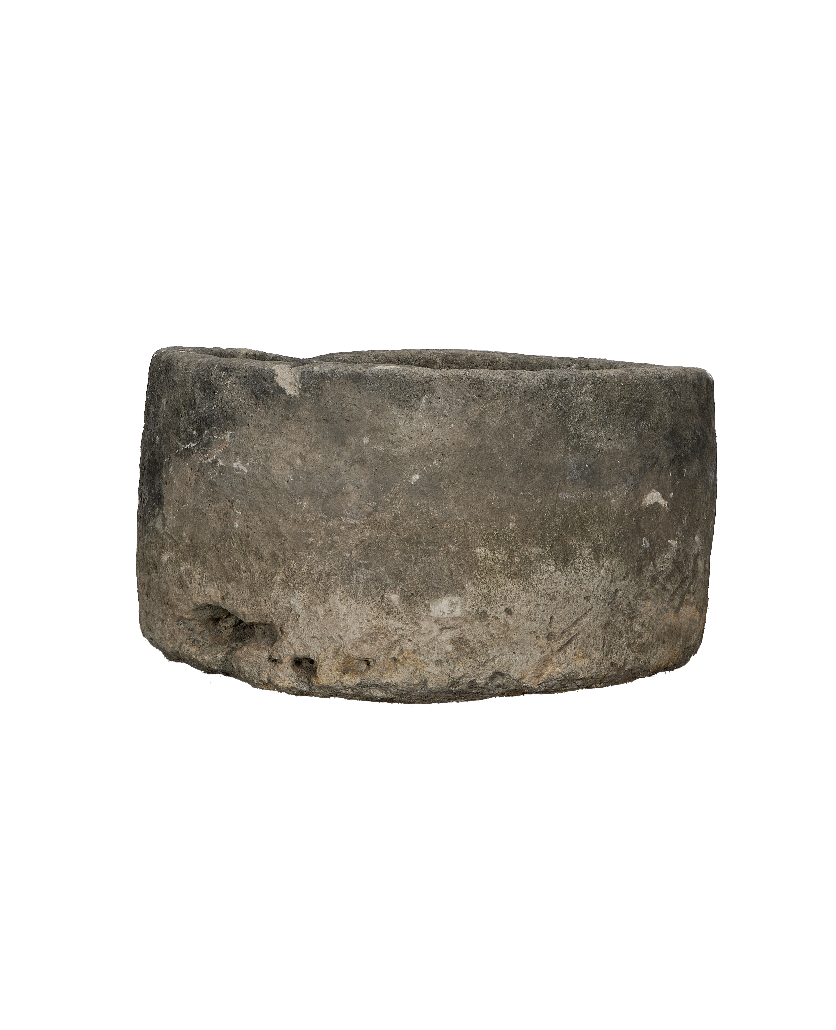 Vintage round limestone trough, weathered gray concrete texture, and rough edges from Indonesia.