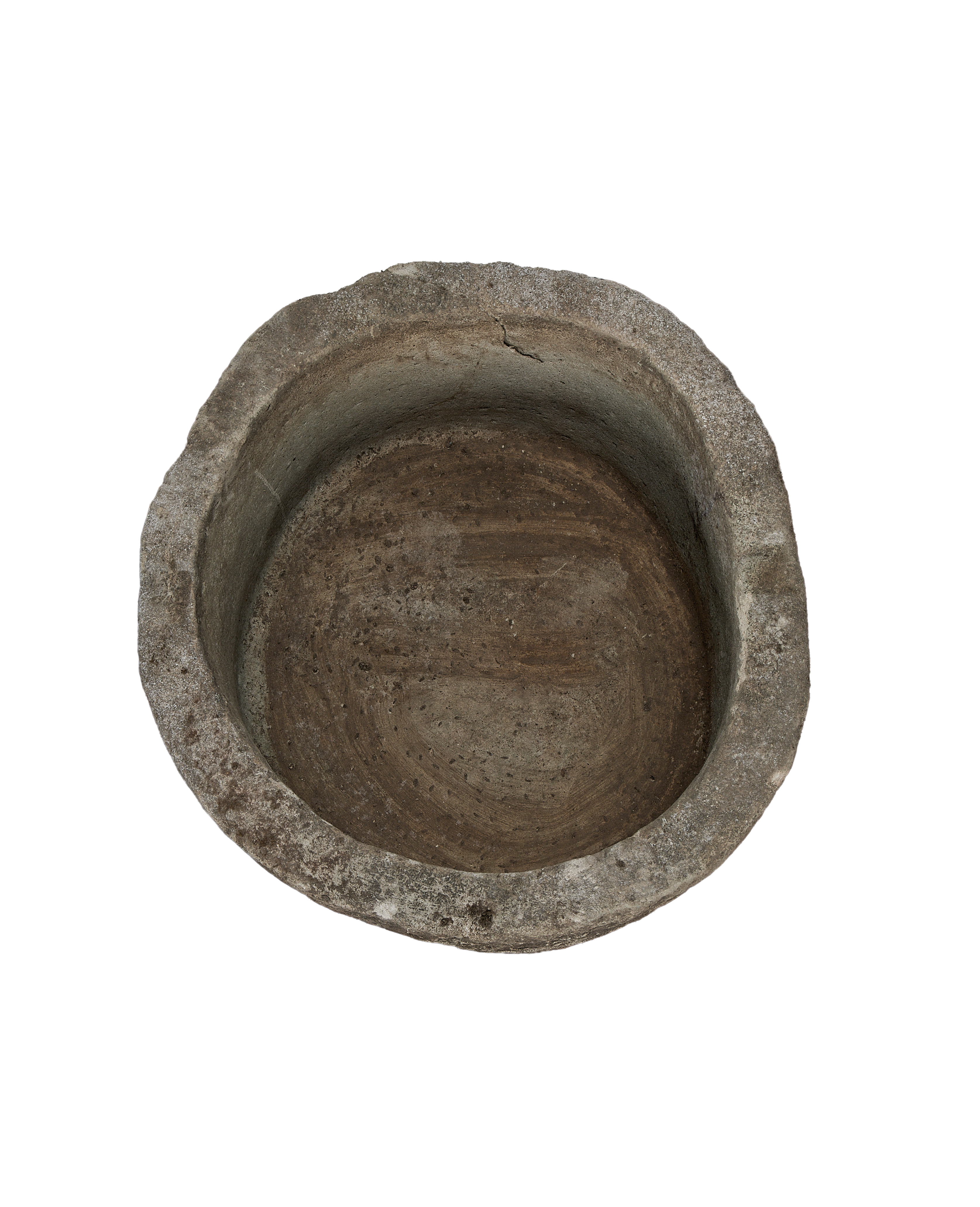 Vintage Indonesian limestone round trough from above, showing weathered surface.