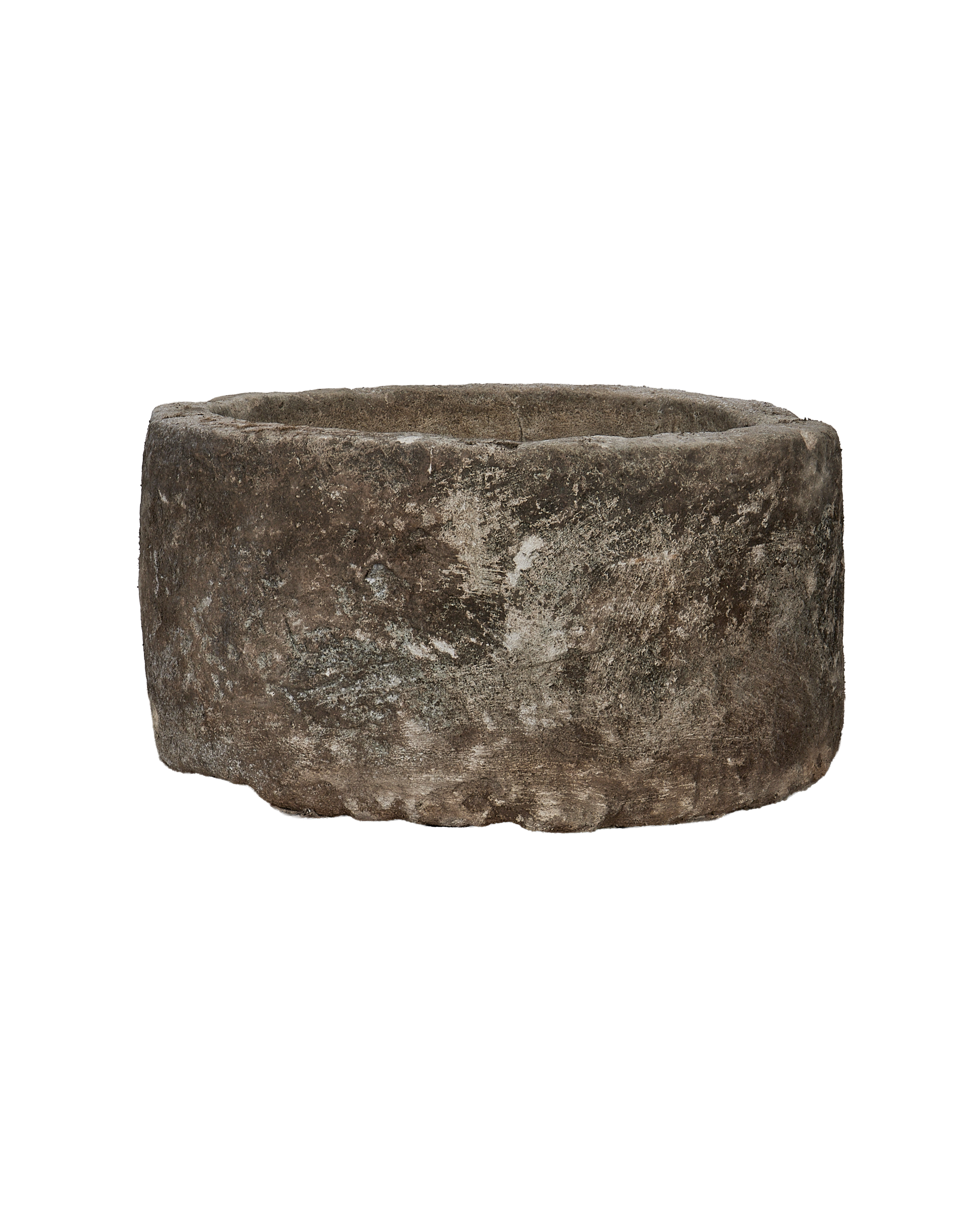 Vintage round limestone trough from Indonesia, weathered with natural rough texture.