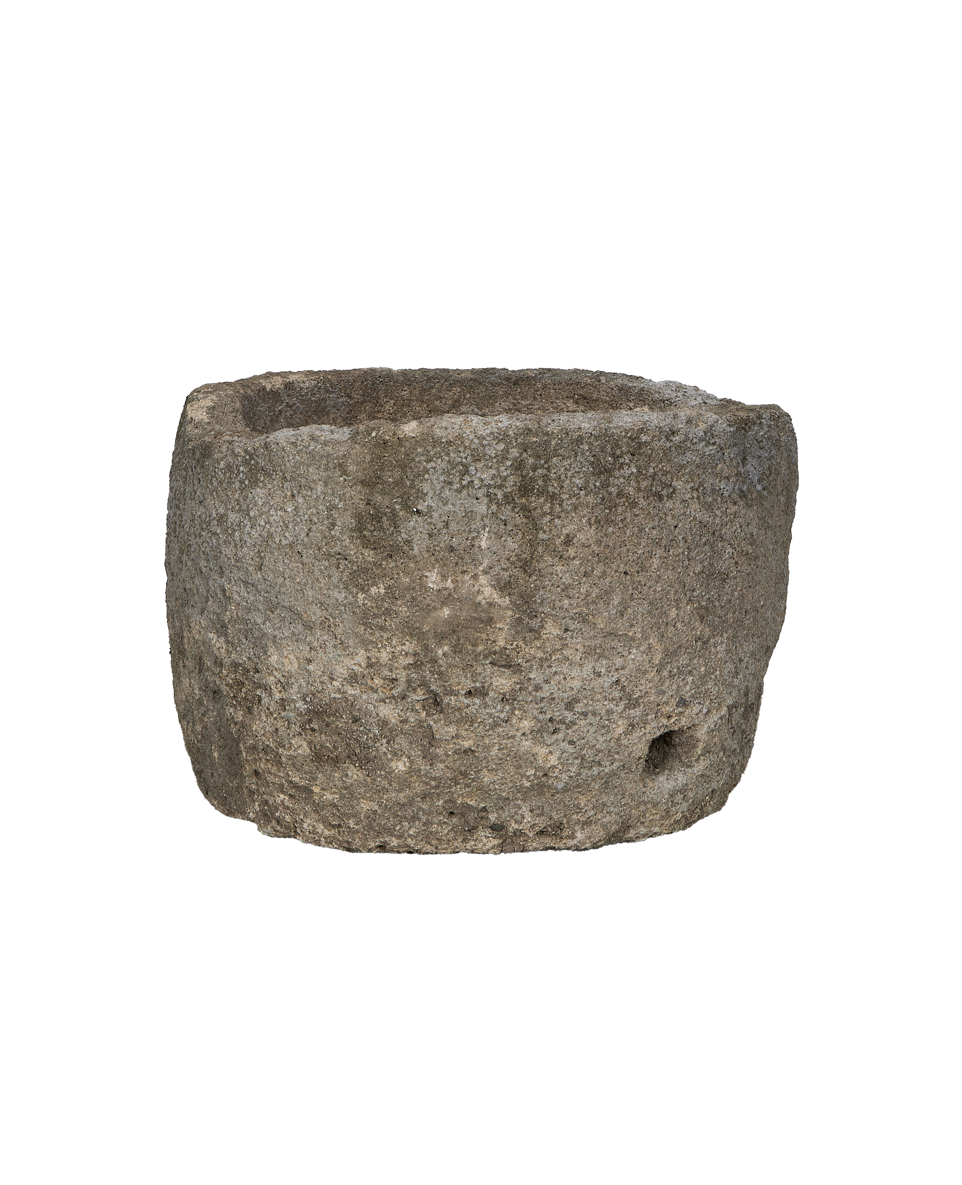 Vintage round limestone trough from Indonesia with rugged texture and earthy hue.