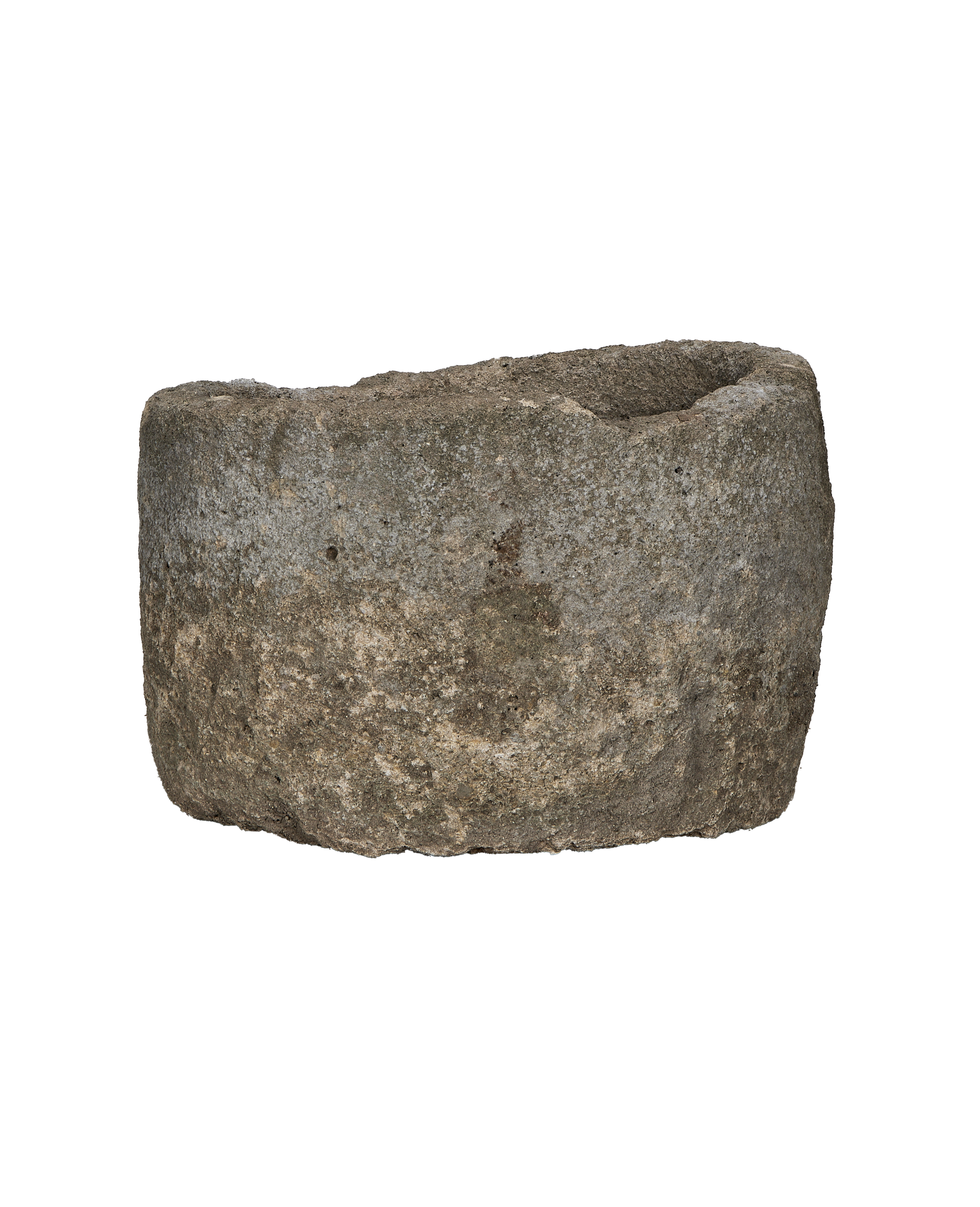 Vintage Indonesian round limestone trough, showing weathered texture and natural imperfections.