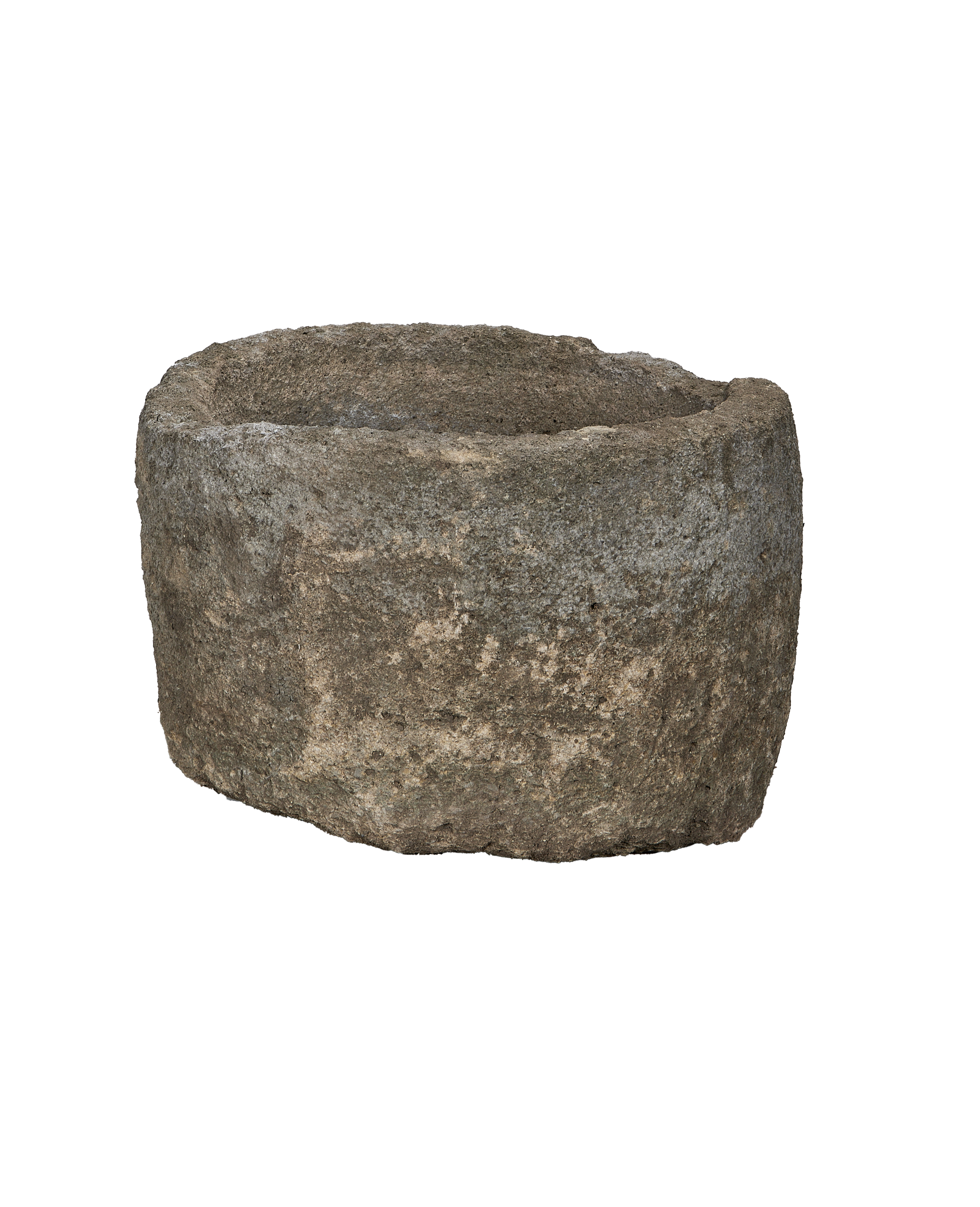 Vintage Indonesian limestone trough, revealing textured exterior and weathered, round rim from above.