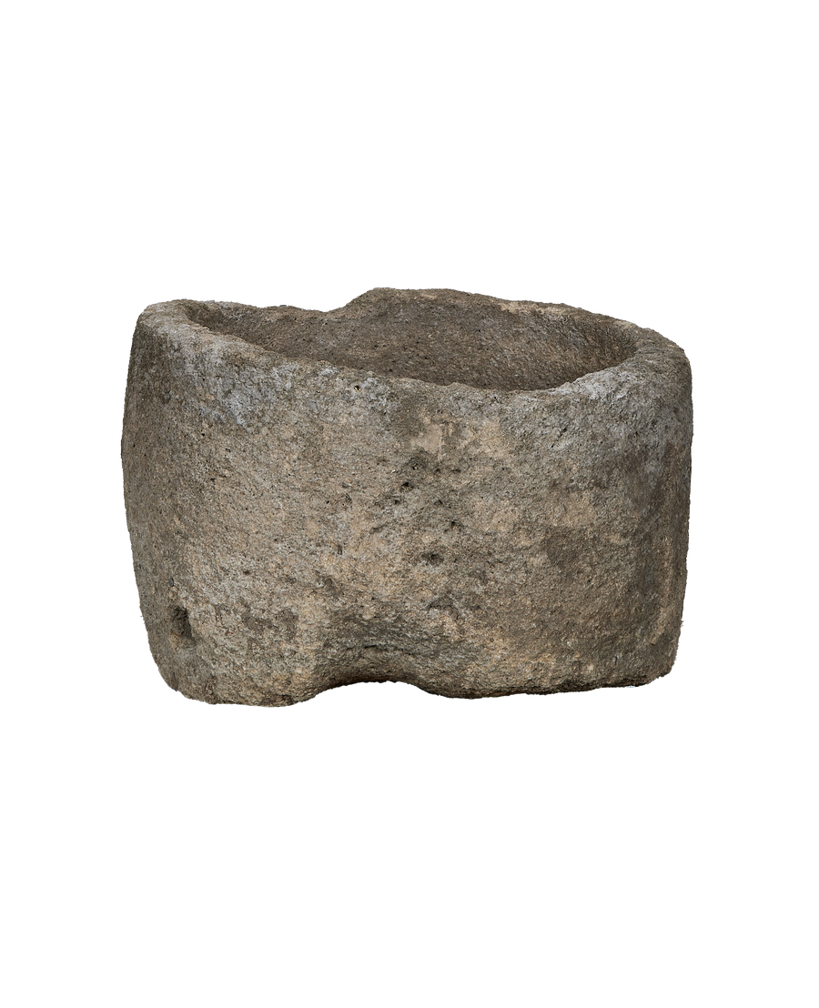 Vintage Indonesian limestone trough, OAK, showing subtle erosion, uneven texture, and round shape details.