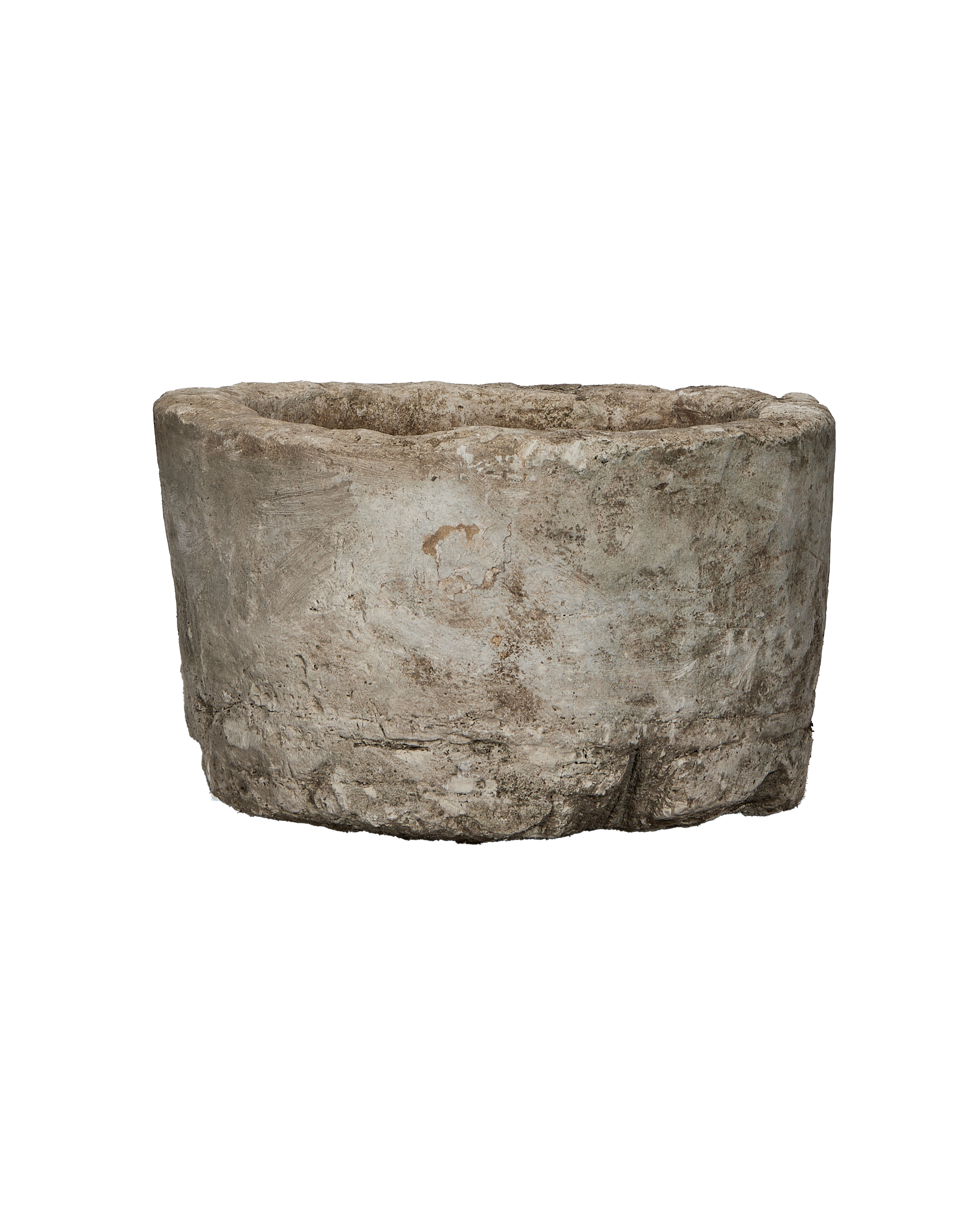 Vintage round Indonesian limestone trough, grey with natural texture, full view.