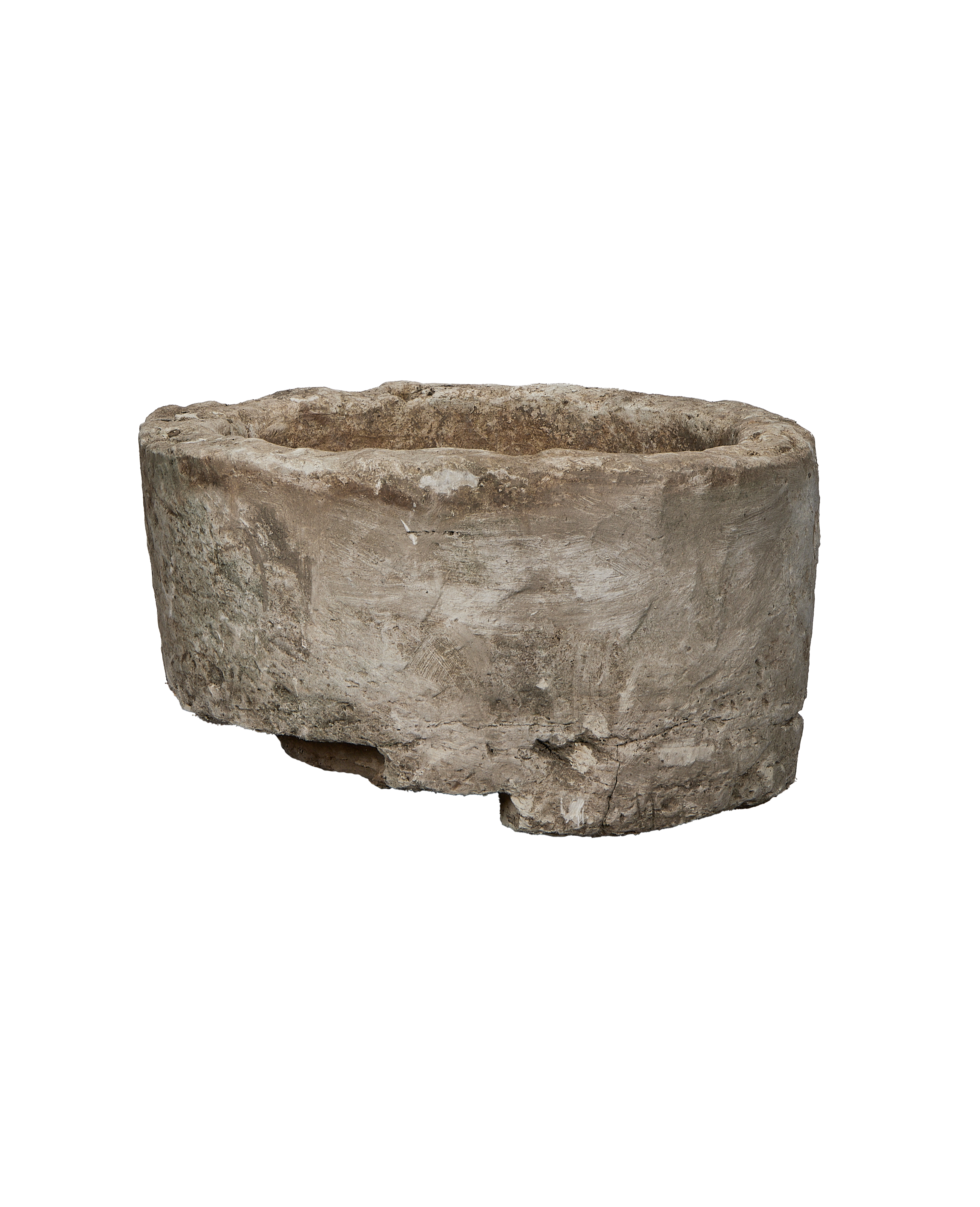 Vintage Indonesian round limestone trough, showing weathered texture and natural imperfections from above.