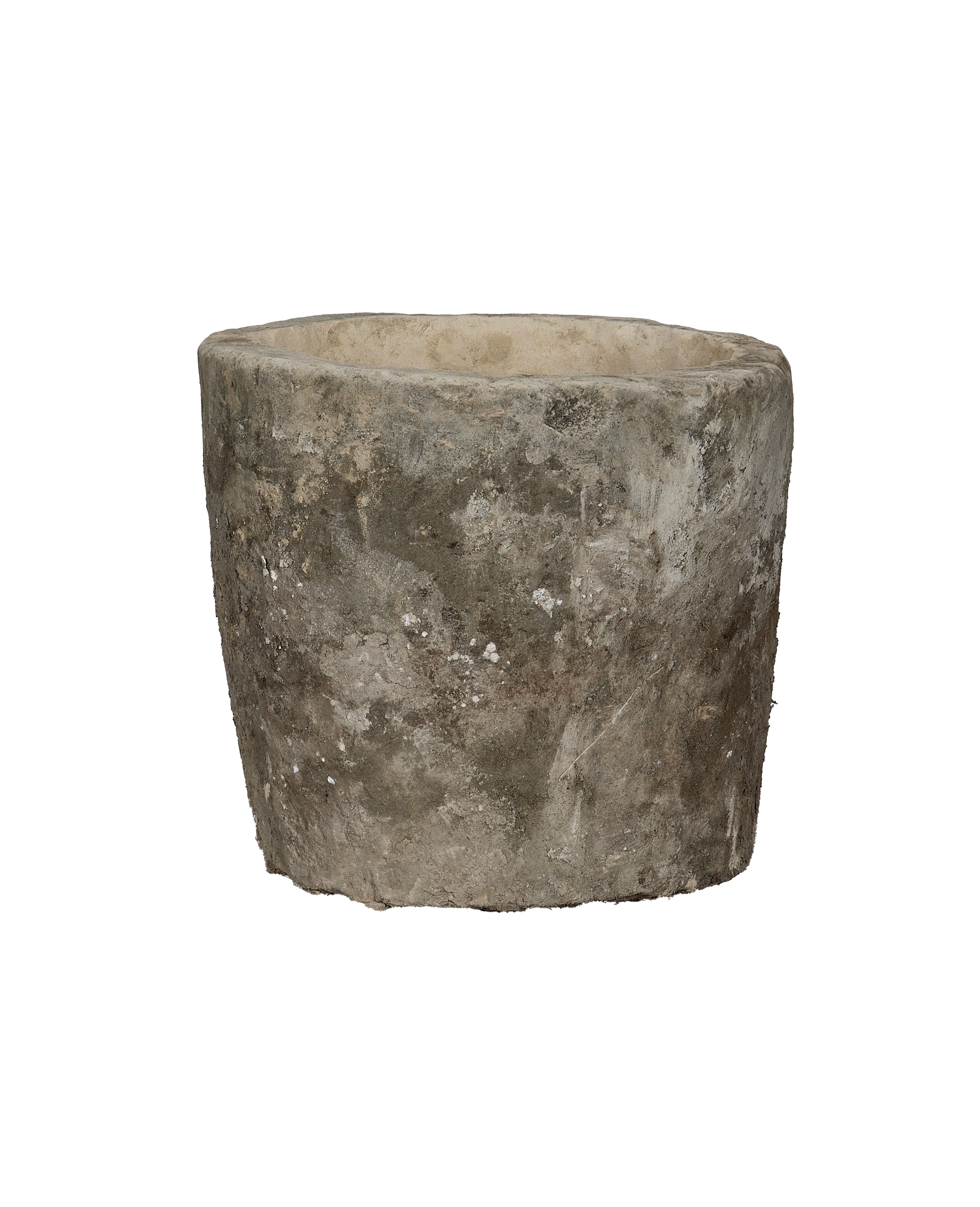 Vintage round Indonesian limestone trough, grey worn surface, rustic planter.