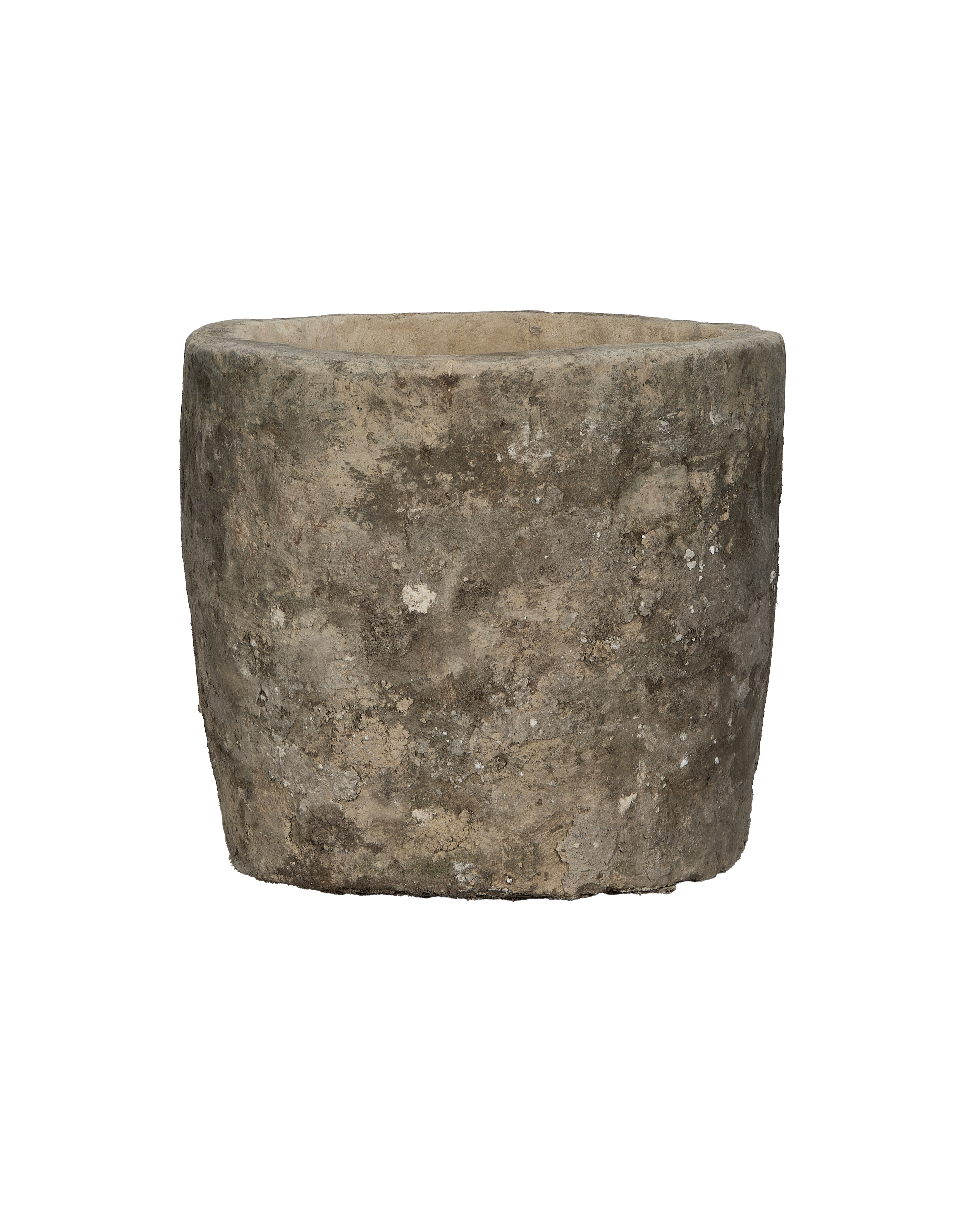 Vintage round Indonesian limestone trough, detailed side view showing rustic texture and weathered patina.