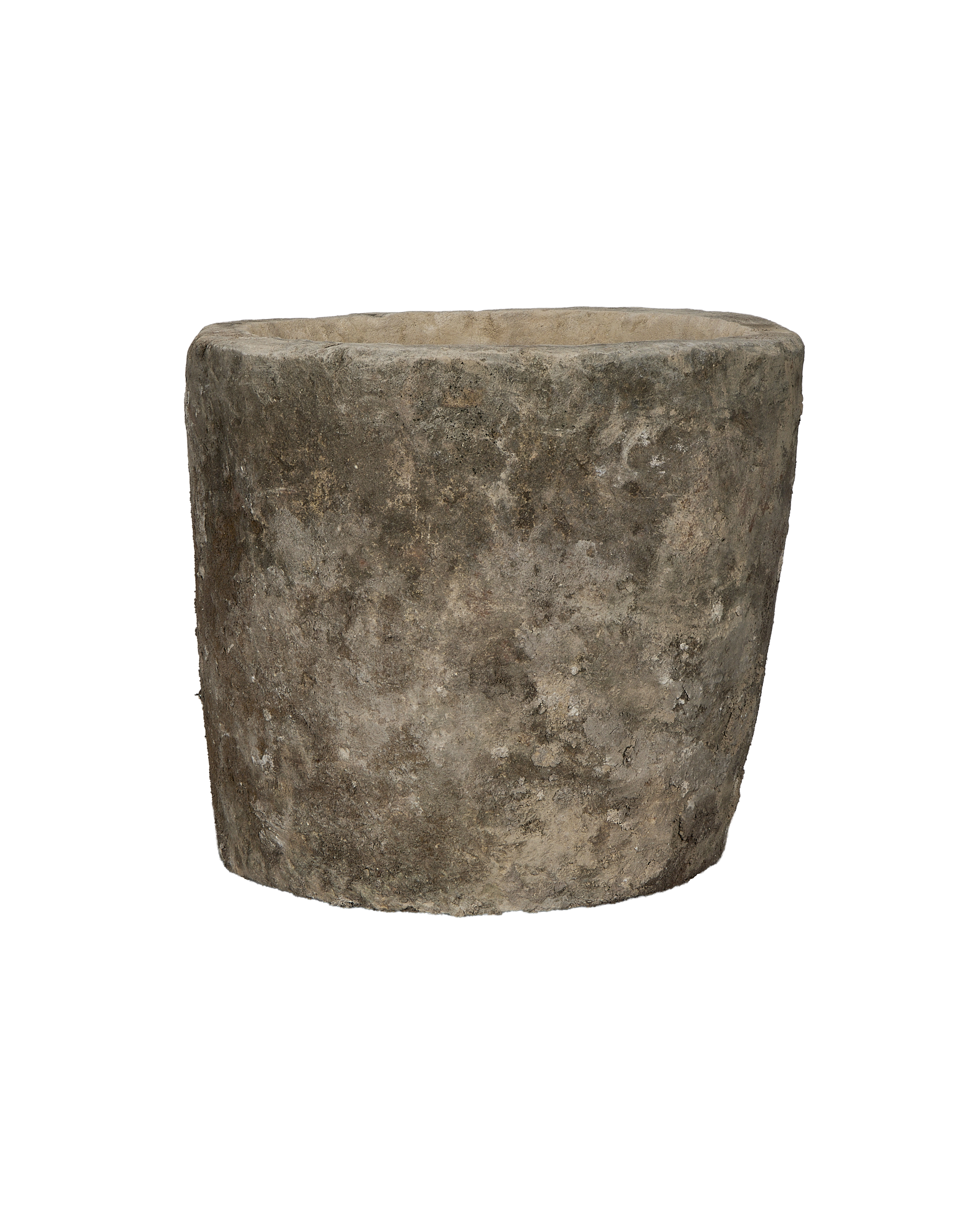 Vintage Indonesian round limestone trough, showing weathered texture and uneven rim detail.