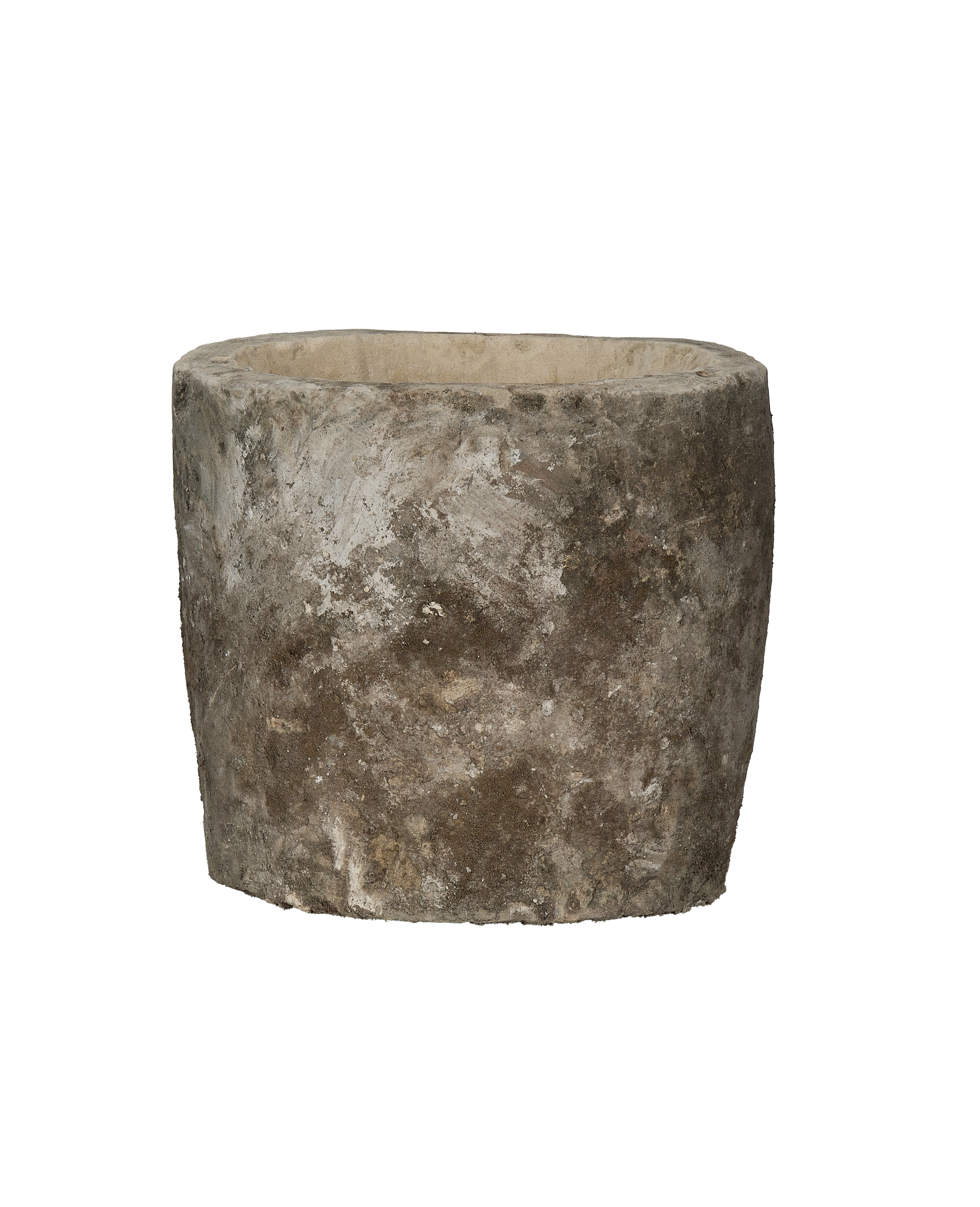 Vintage round limestone trough, Indonesia, with rough, textured surface and aged patina visible from angled view.