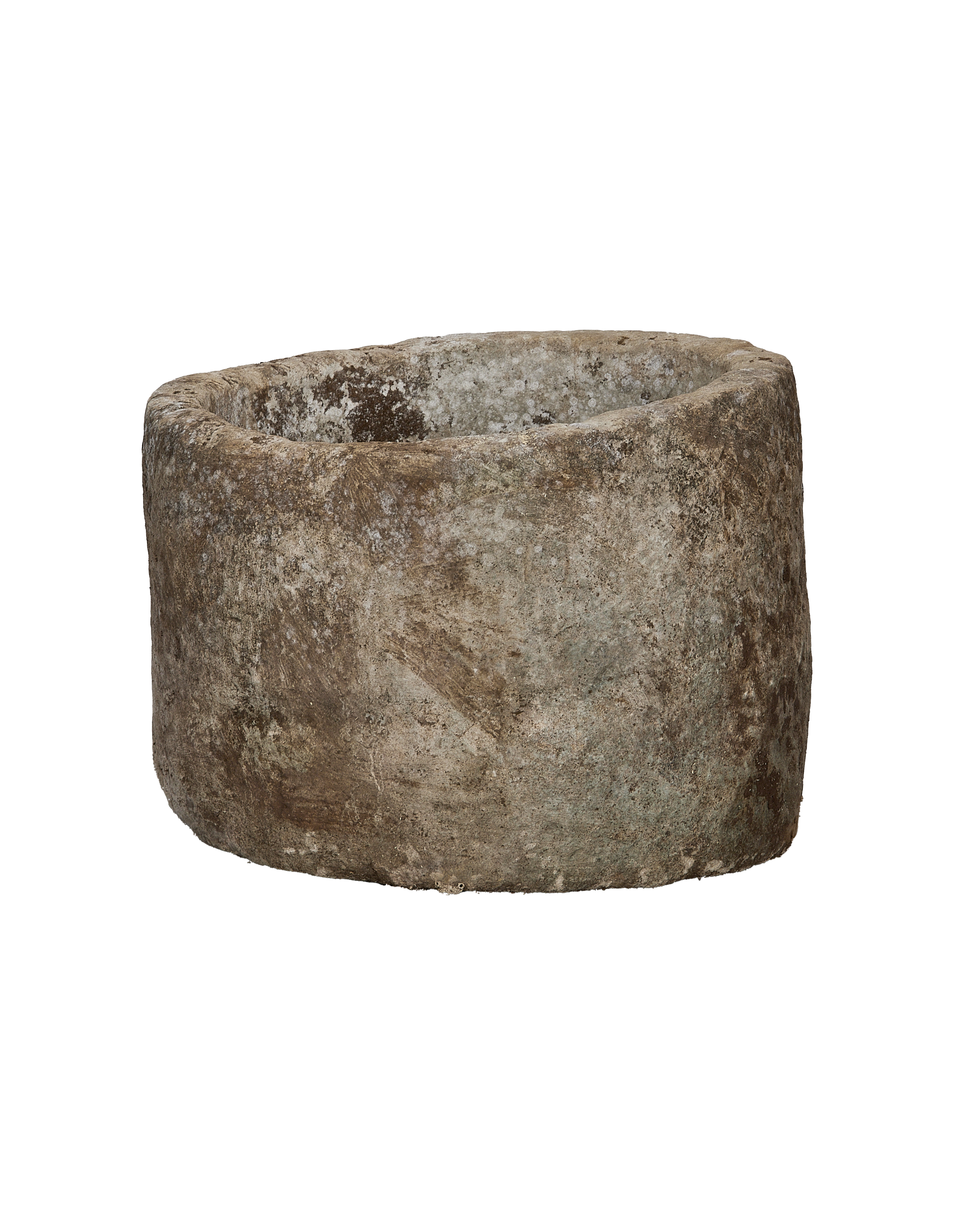 Vintage round Indonesian limestone trough, OAK style, with weathered gray-brown surface texture.