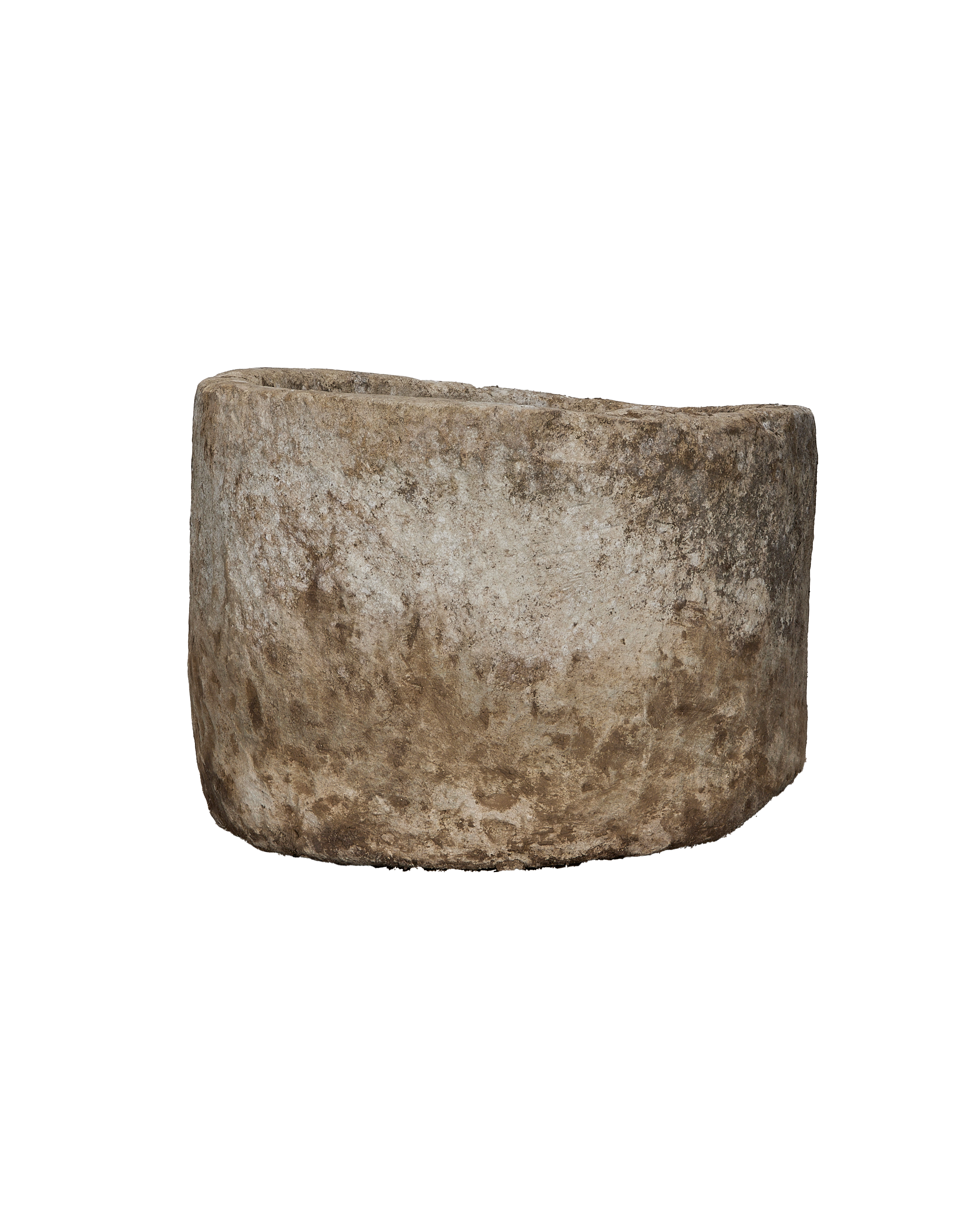 Vintage Indonesian round limestone trough, showing a side view with weathered texture and patinated surface.