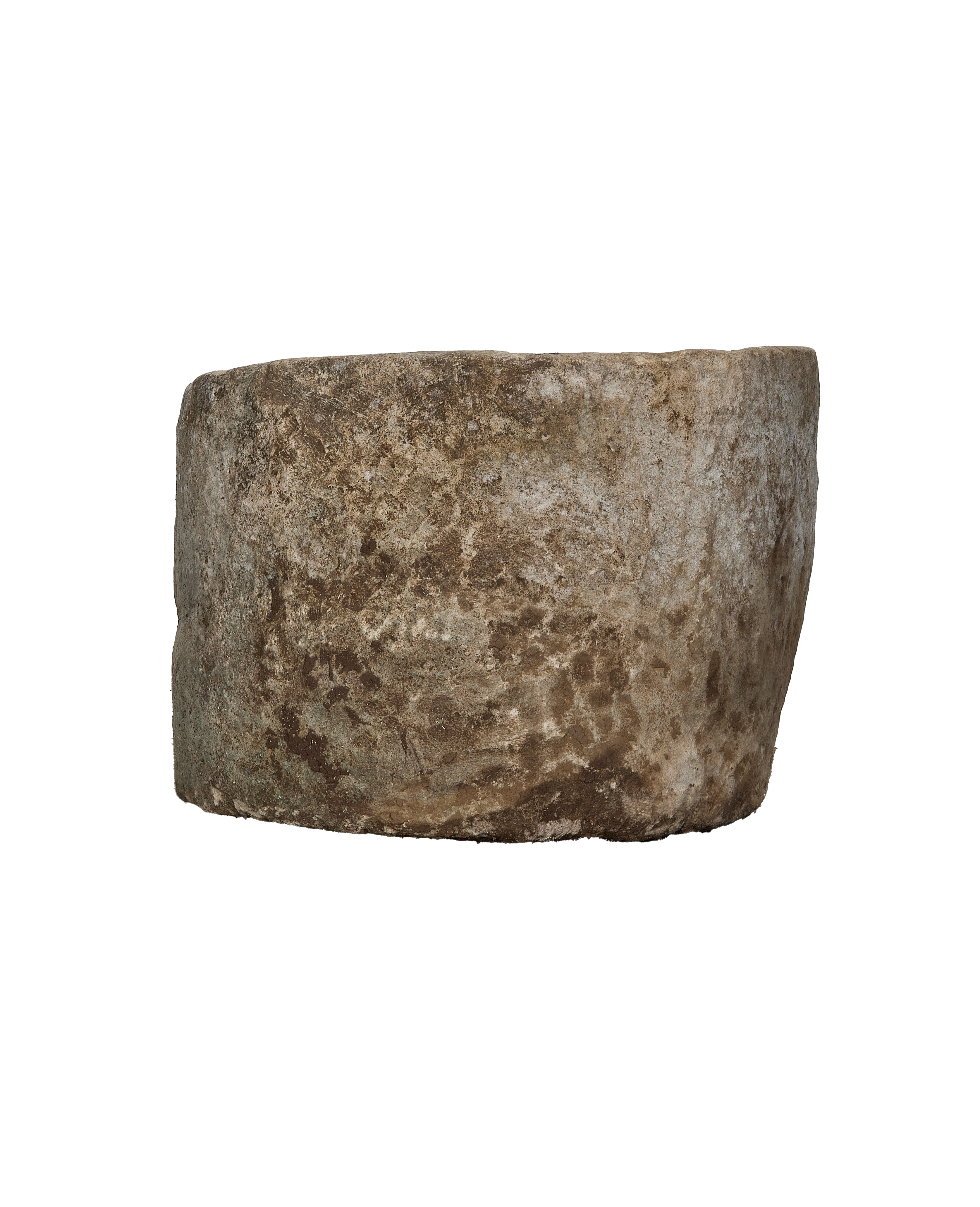Vintage Indonesian limestone trough, round, showing detailed side texture and natural weathered patina.