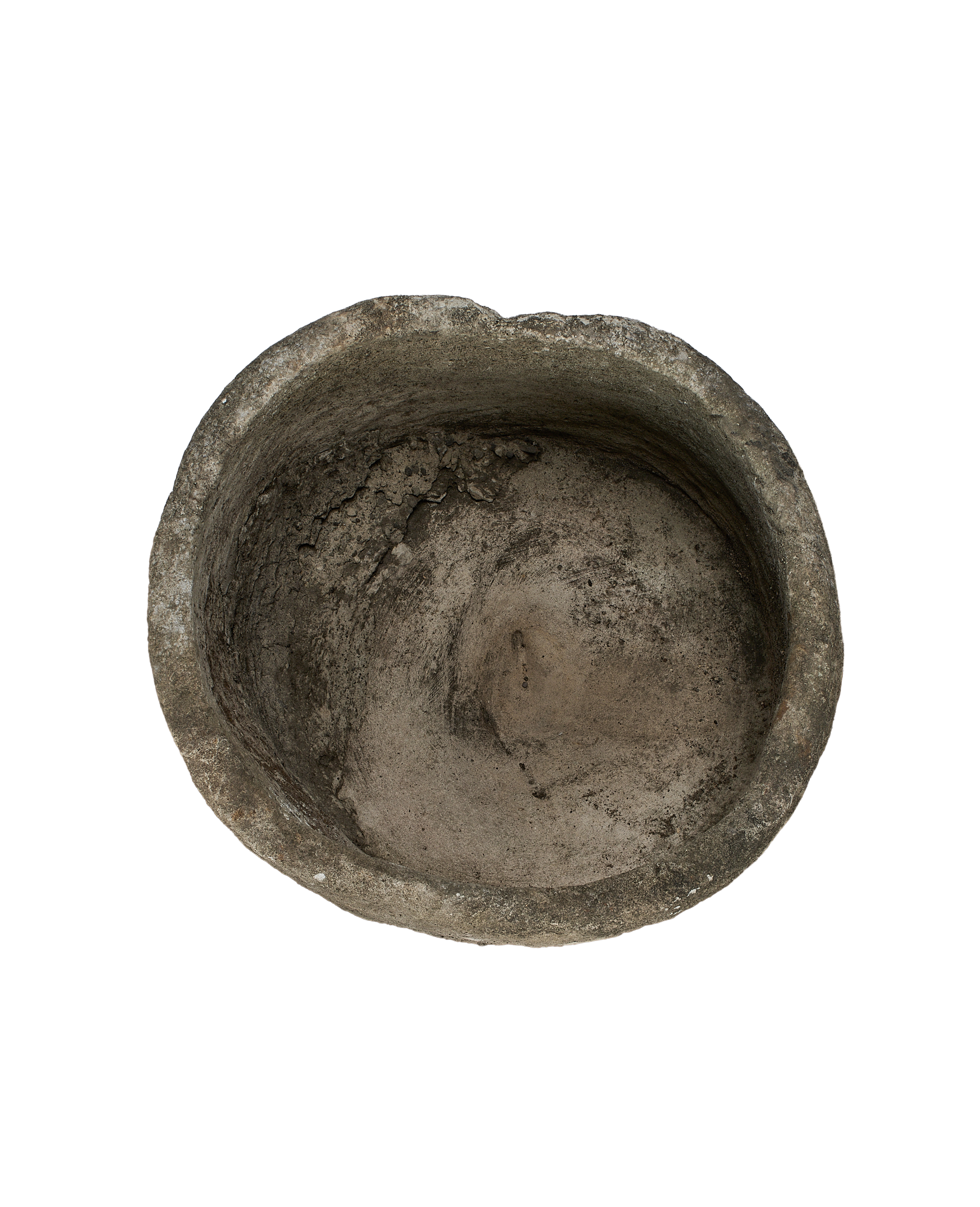 Vintage round Indonesian limestone trough, OAK, detailed view of rough interior texture.