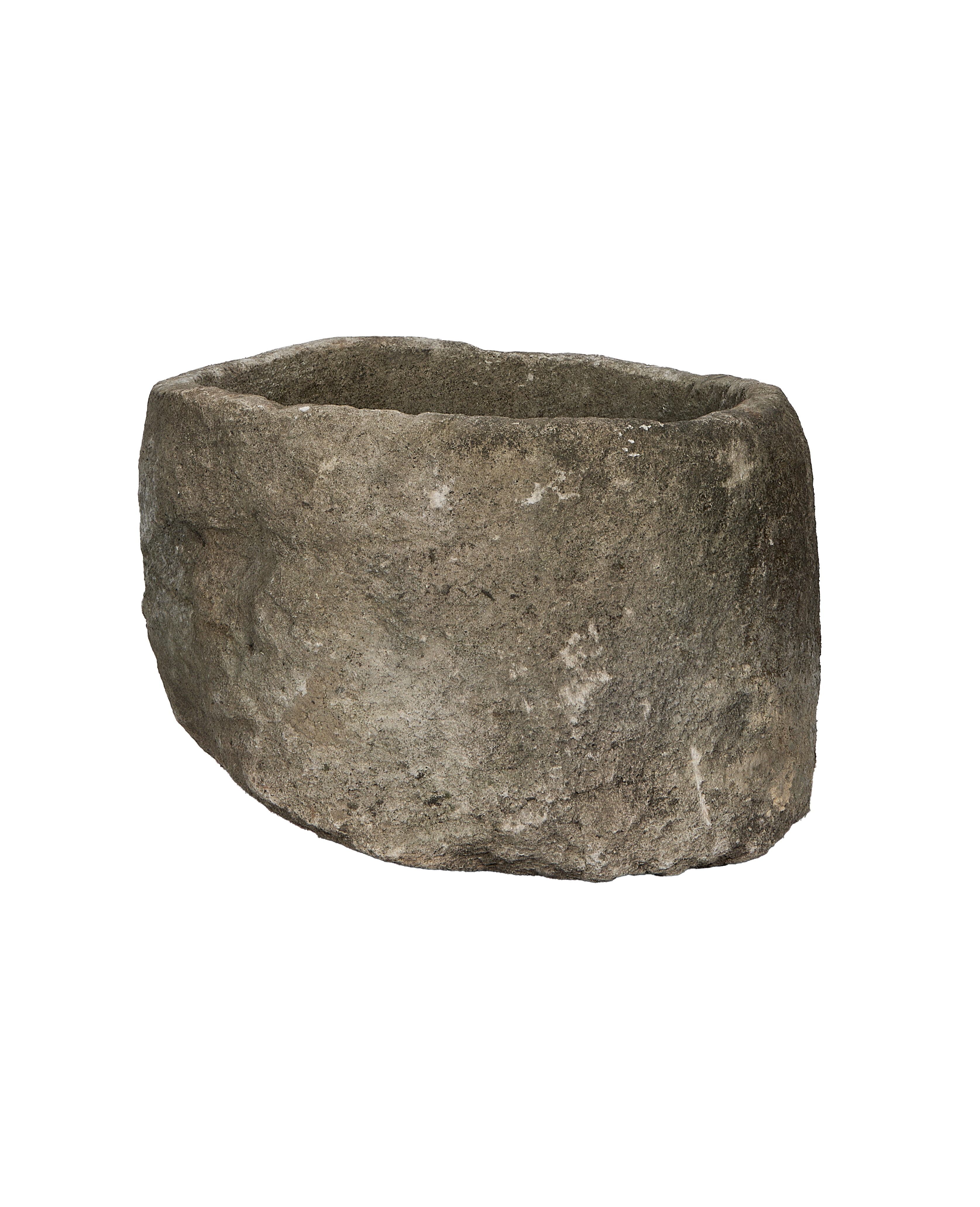 Vintage Indonesian round limestone trough, rough texture, weathered grey surface, main hero shot.
