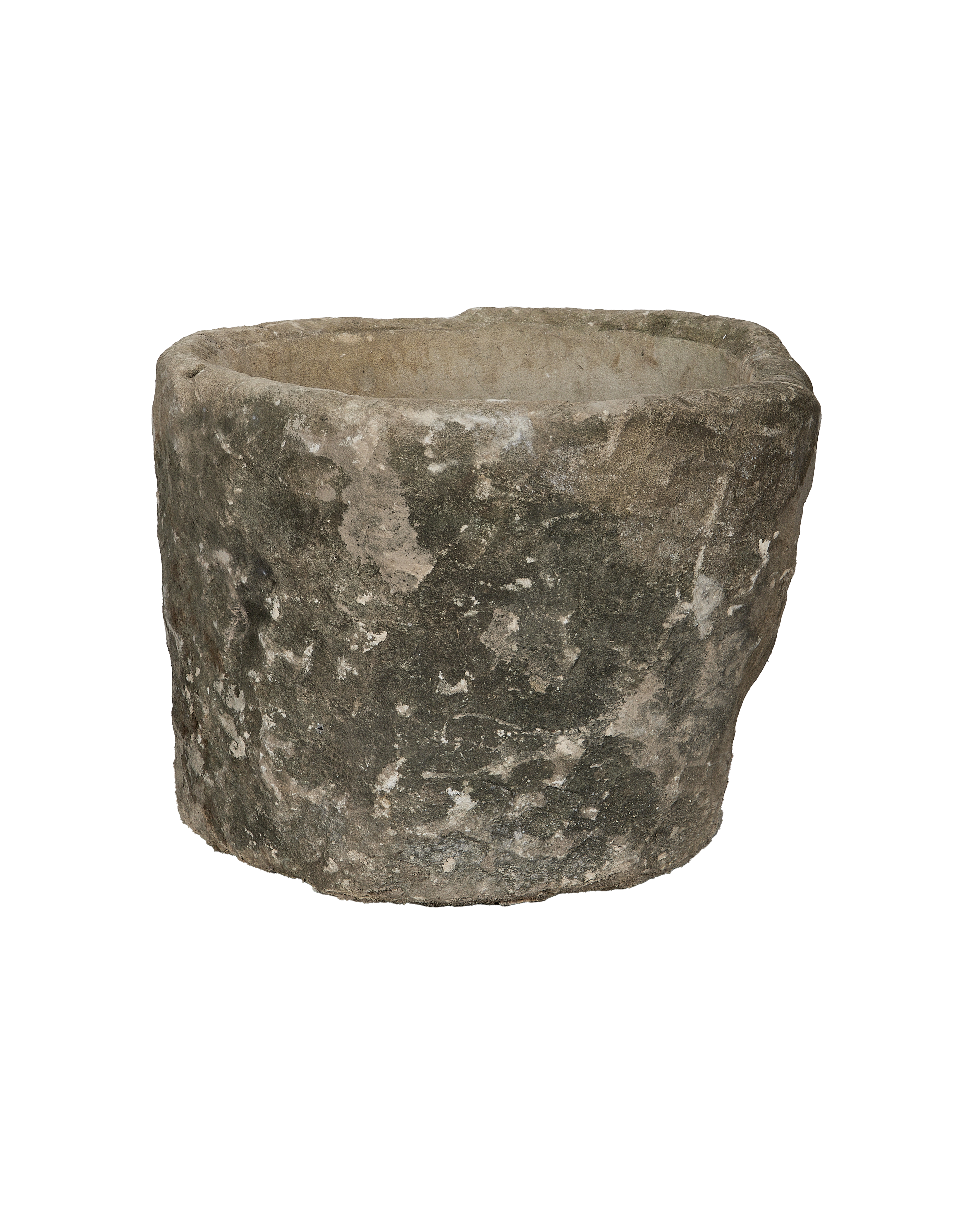 Vintage, round Indonesian limestone trough, OAK condition, featuring mottled grey-green texture.