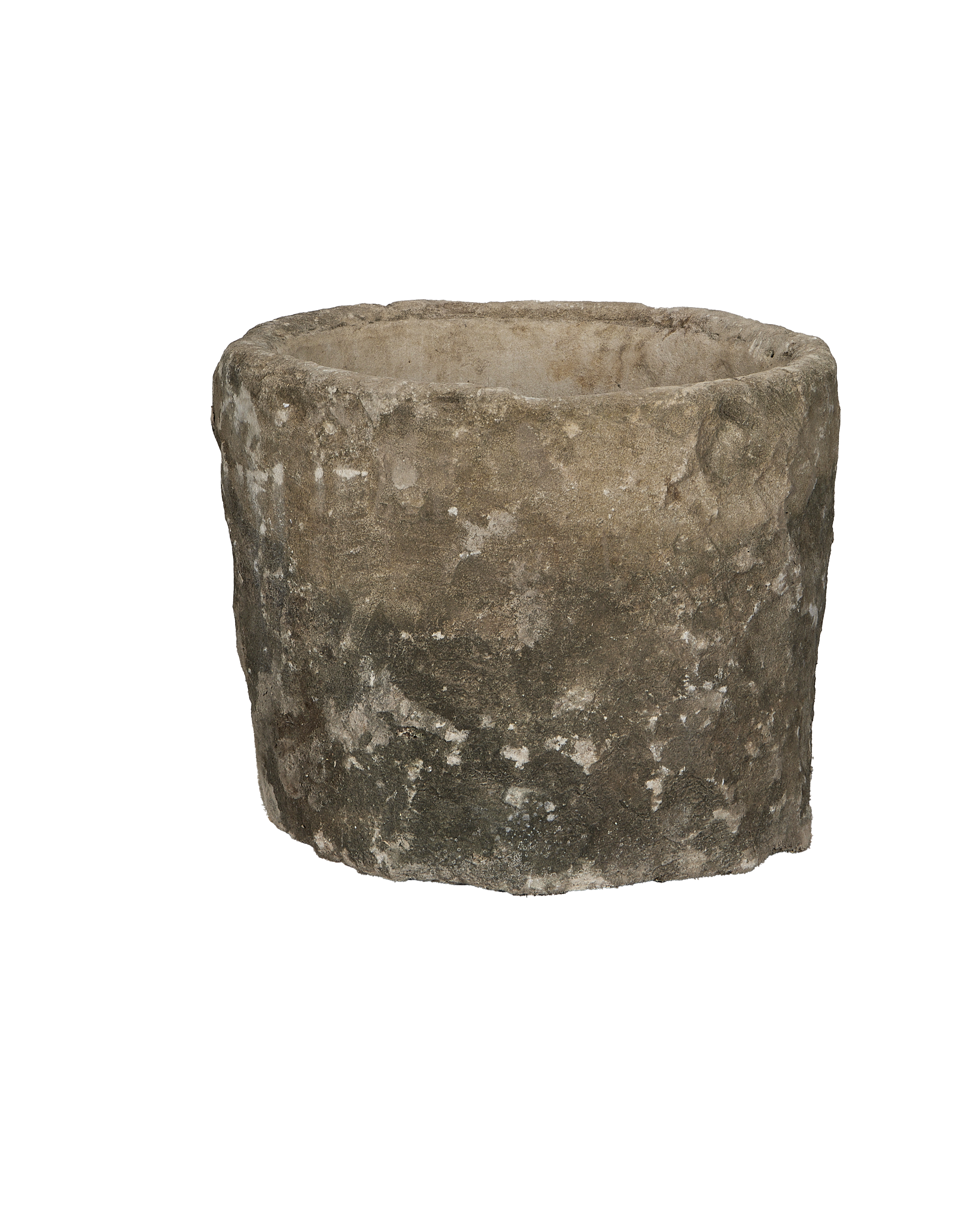 Vintage Indonesian limestone trough, circular, textured exterior with mossy patina, showcasing aged condition.