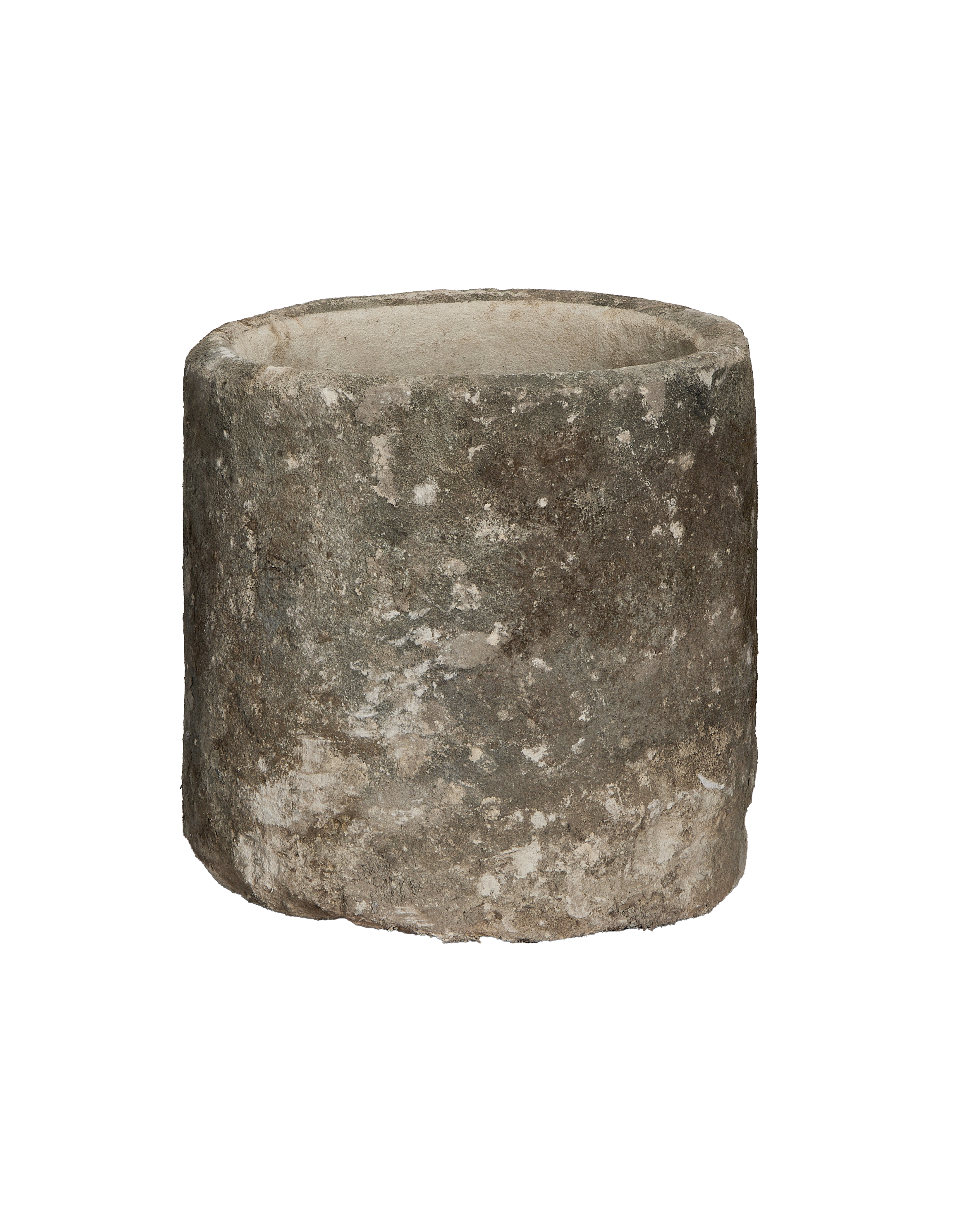 Vintage round limestone trough from Indonesia with distressed, weathered texture.