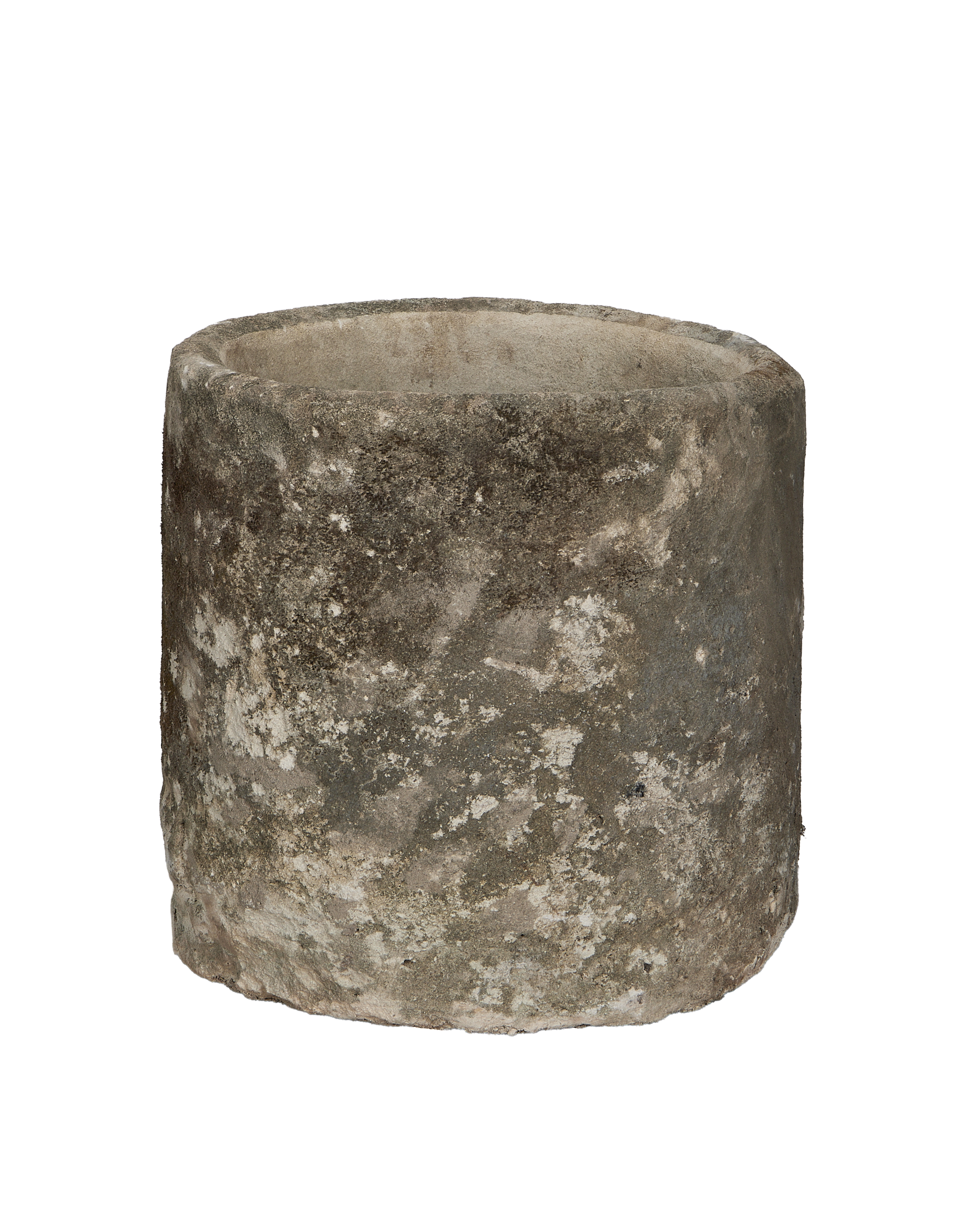 Vintage Indonesian round limestone trough, showing weathered texture and aged patina detail.
