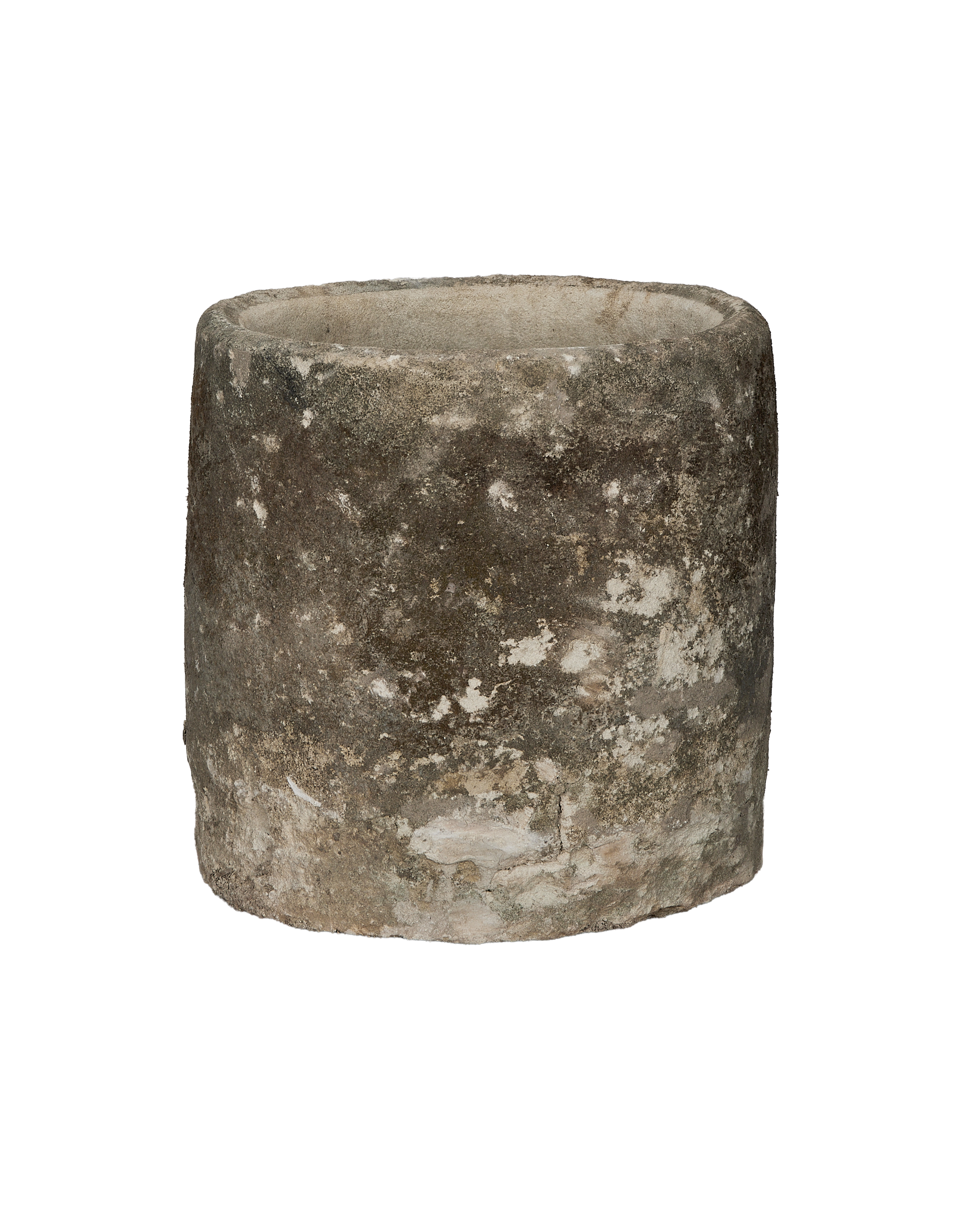 Vintage Indonesian limestone trough (Oak style), showing weathered exterior with textured moss and white mineral residue.