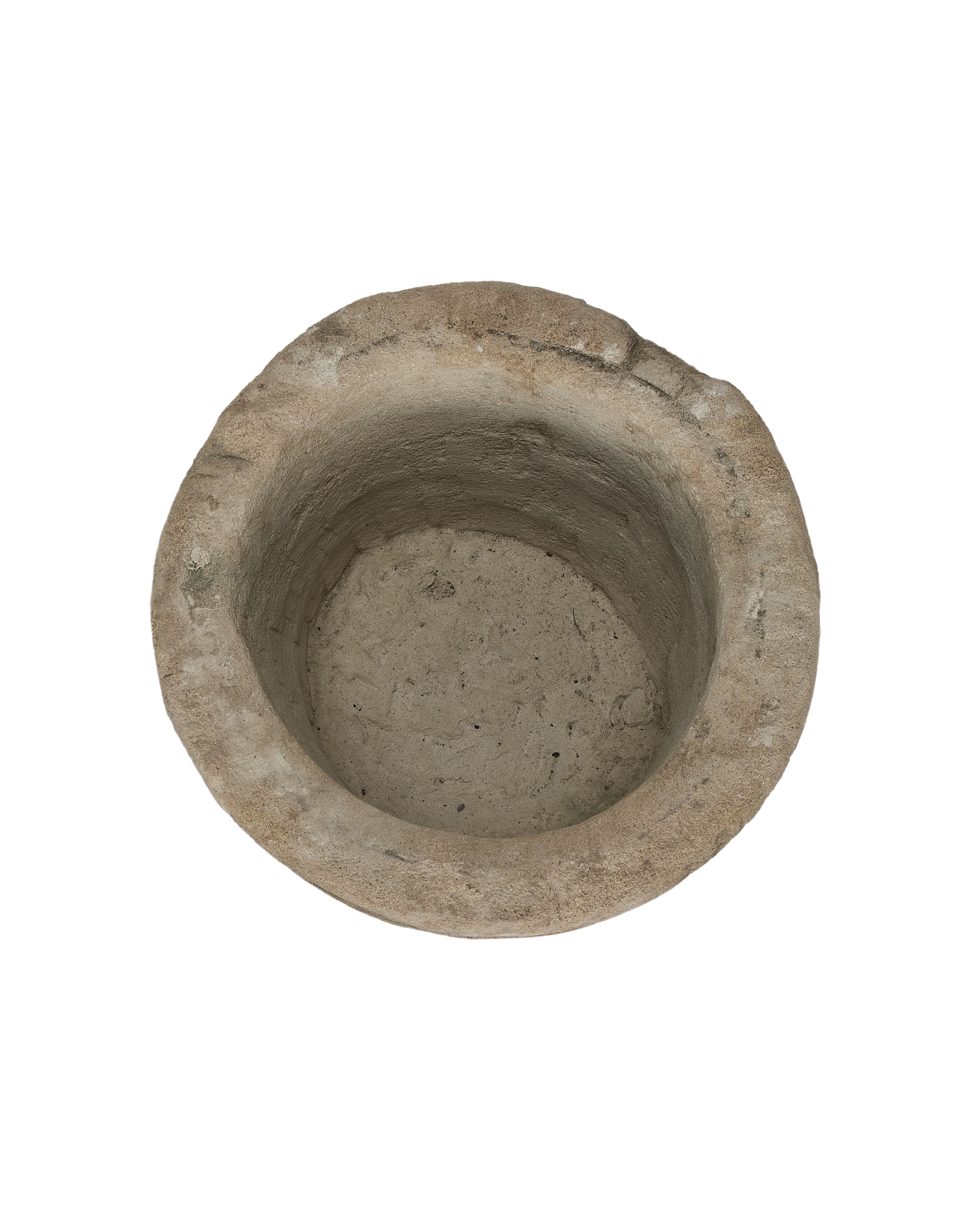 Vintage Indonesian round limestone trough, top-down view showing interior texture.